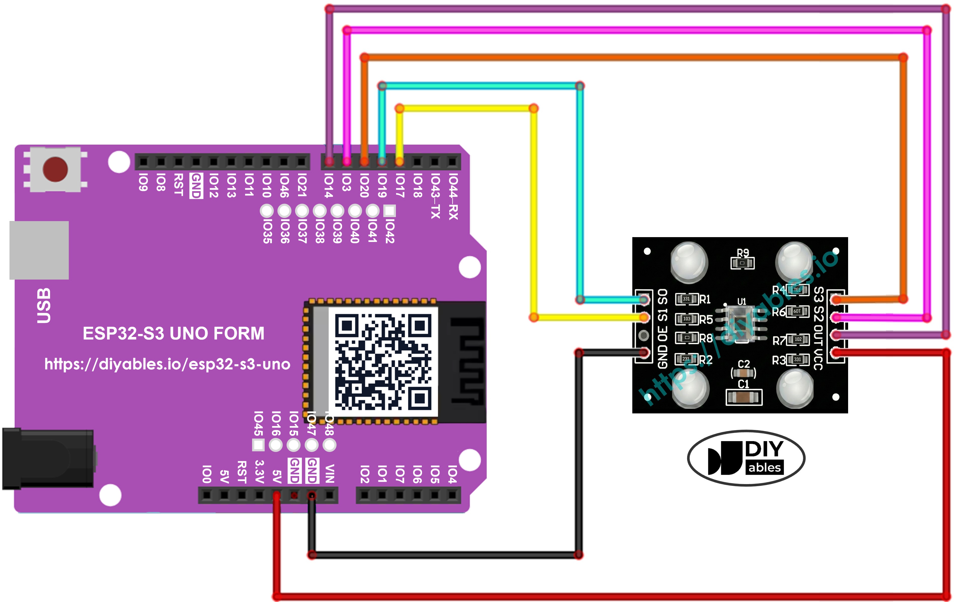 The wiring diagram between ESP32 S3 Uno and TCS3200 color sensor
