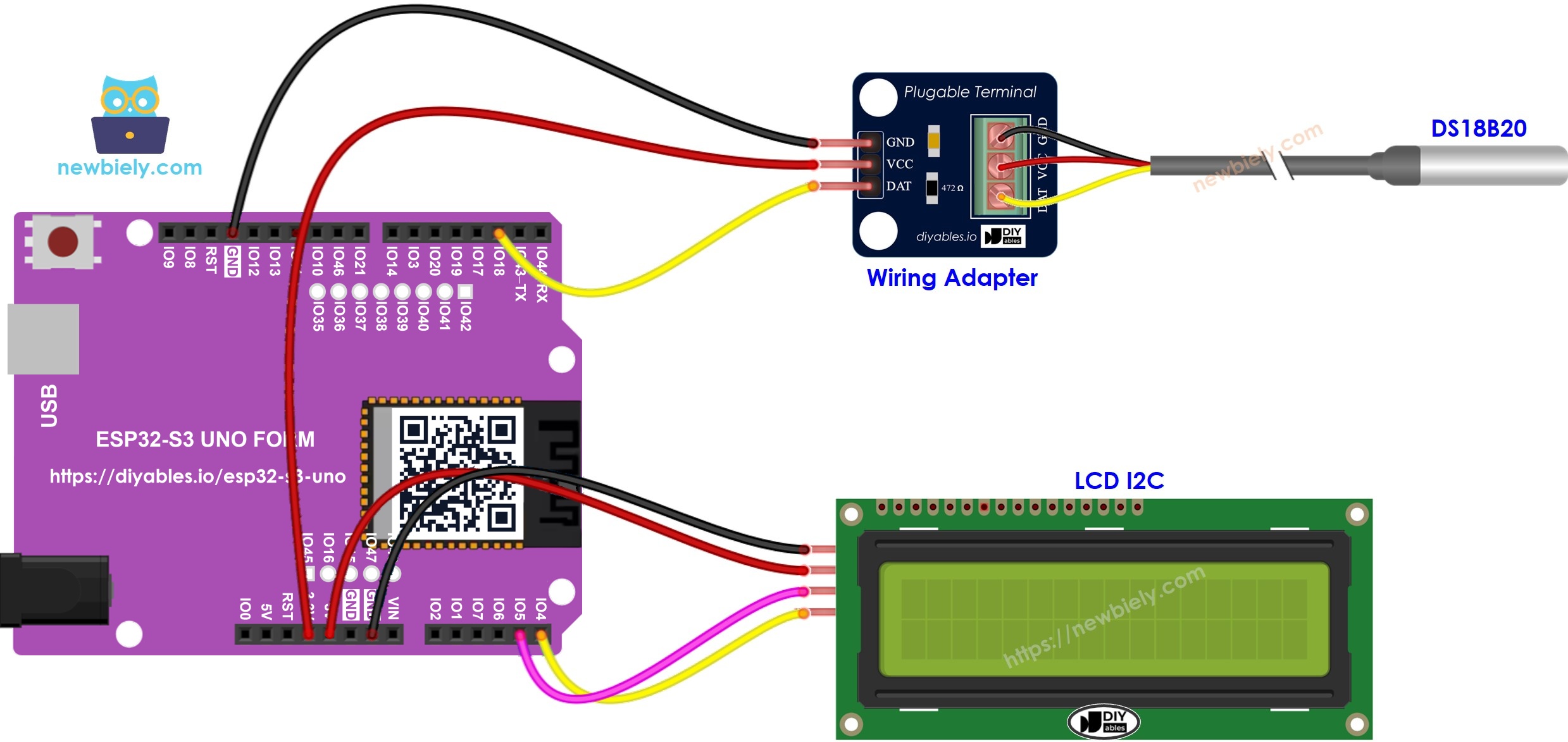 The wiring diagram between ESP32 S3 Uno Temperature Sensor LCD