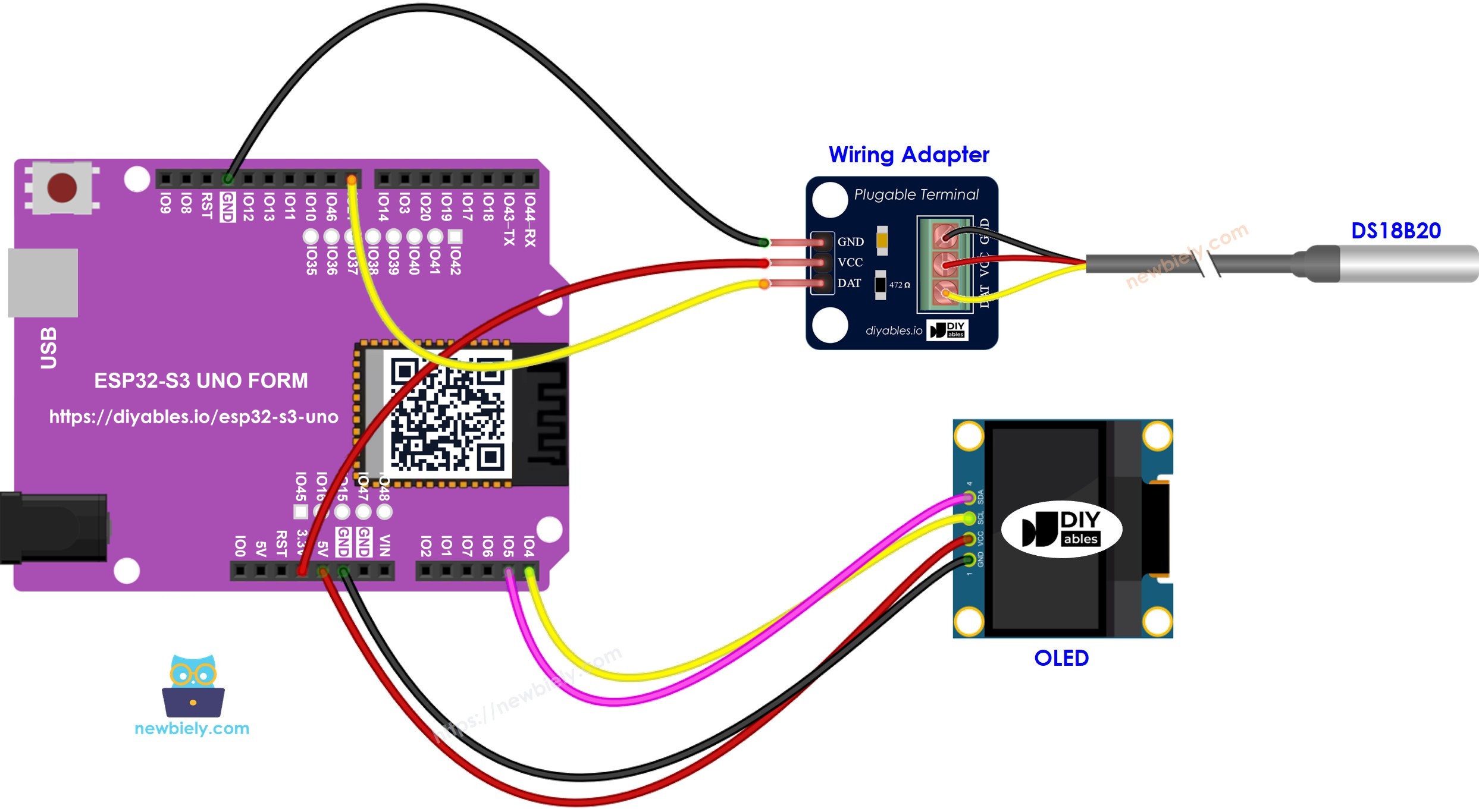 The wiring diagram between ESP32 S3 Uno DS18B20 Temperature Sensor OLED