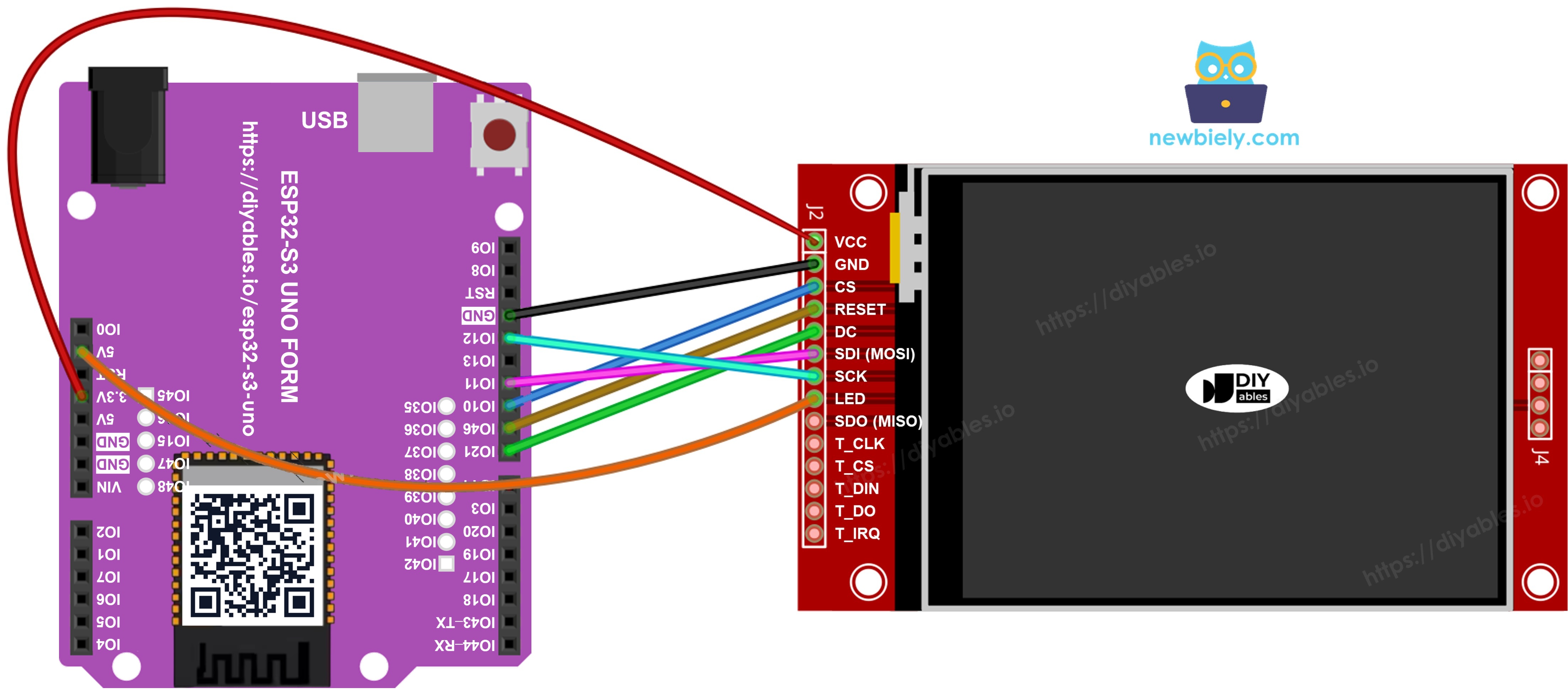 The wiring diagram between ESP32 S3 Uno TFT SPI Display without touch
