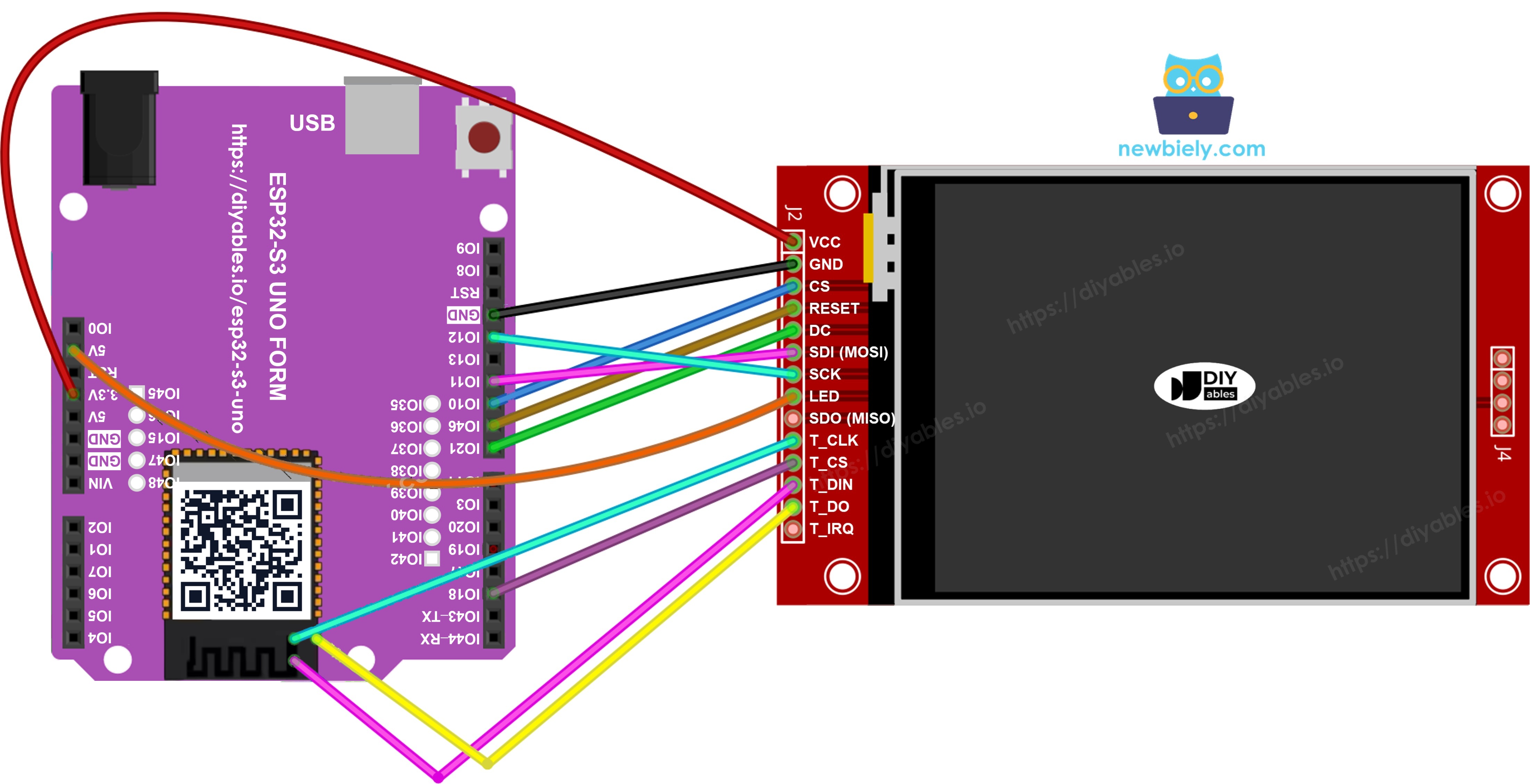 The wiring diagram between ESP32 S3 Uno TFT SPI Display with touch