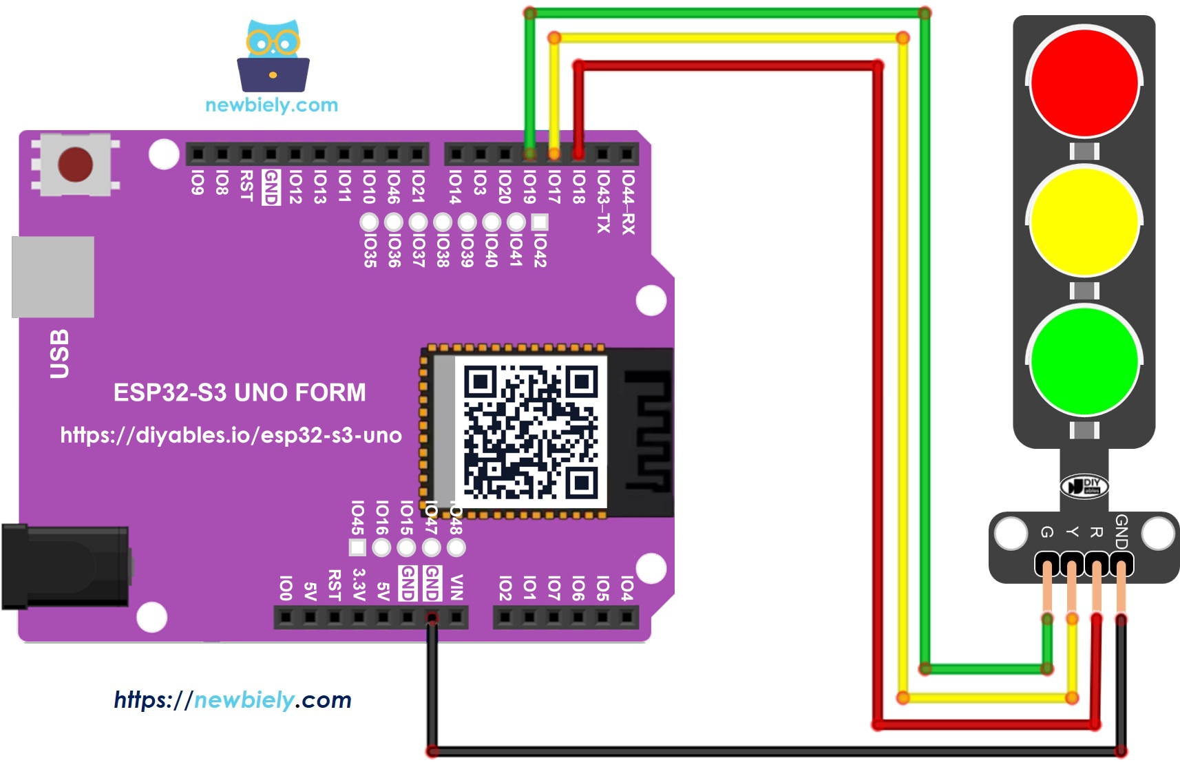 The wiring diagram between ESP32 S3 Uno traffic light