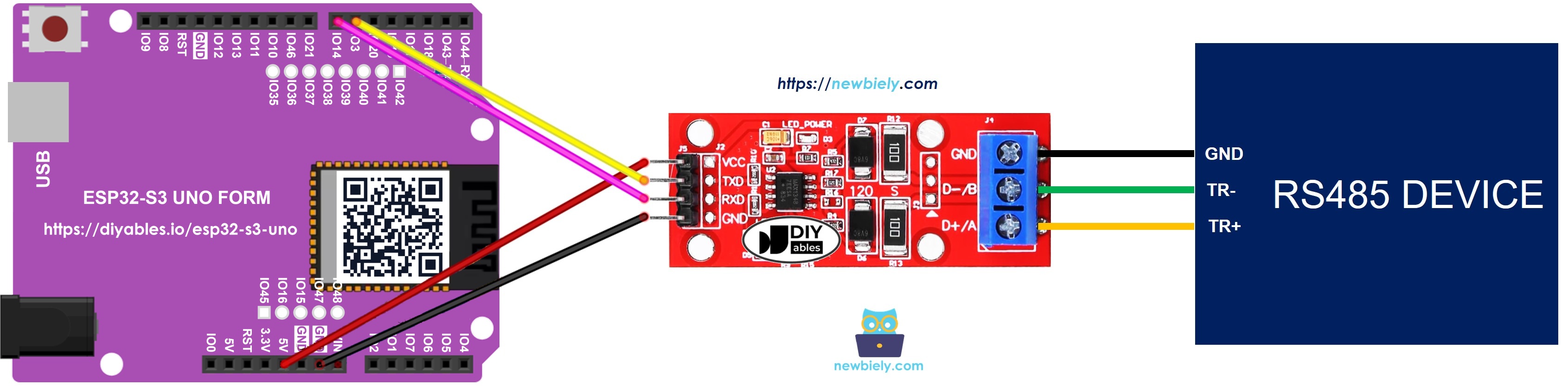 The wiring diagram between ESP32 S3 Uno RS-485 to TTL
