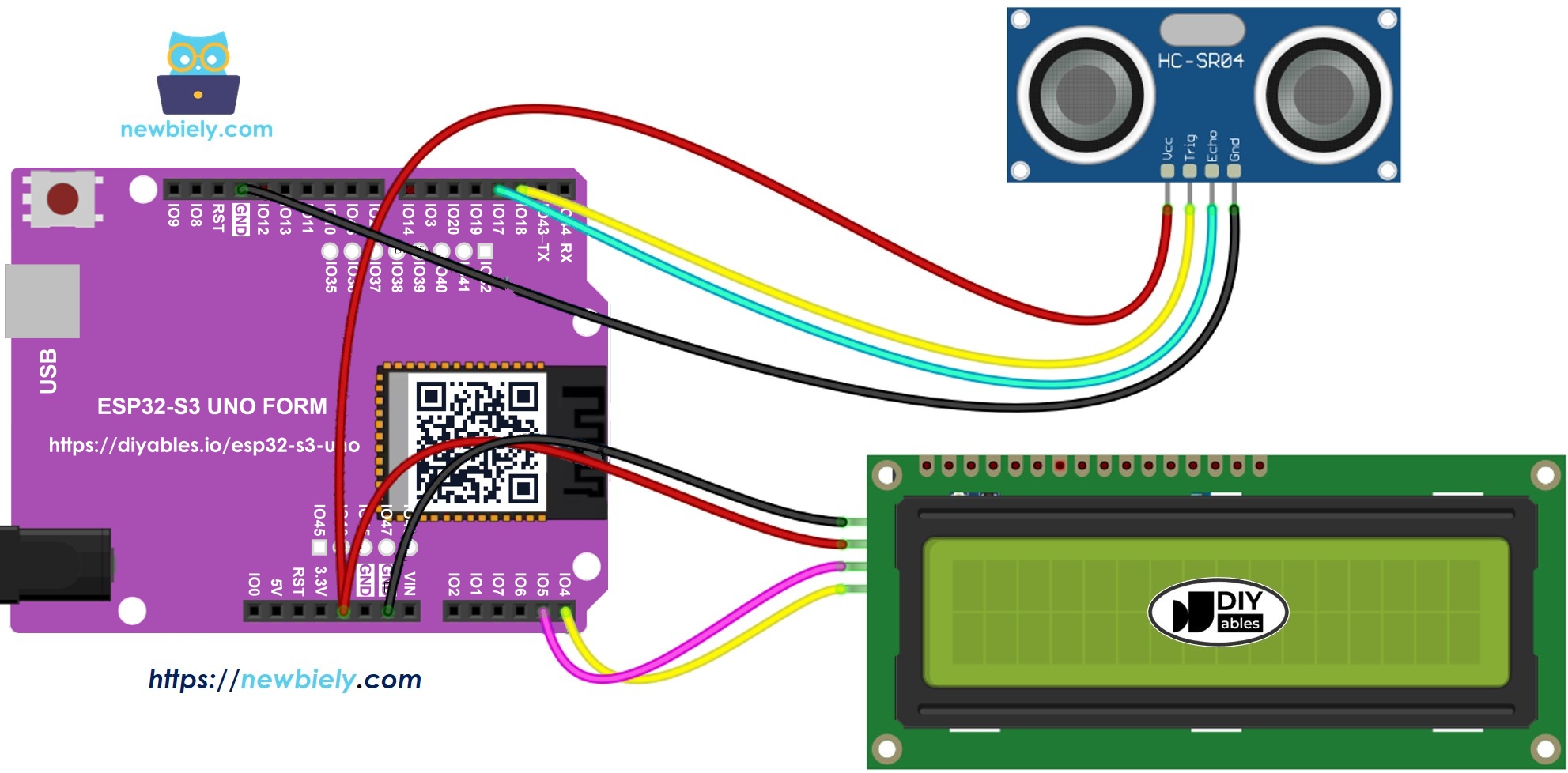 The wiring diagram between ESP32 S3 Uno Ultrasonic Sensor LCD