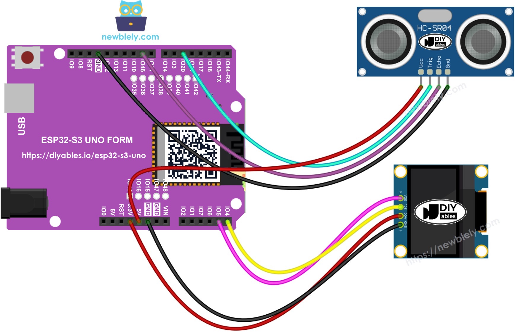 The wiring diagram between ESP32 S3 Uno Ultrasonic Sensor OLED