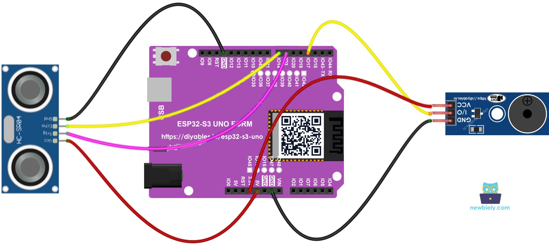 The wiring diagram between ESP32 S3 Uno ultrasonic sensor piezo buzzer module