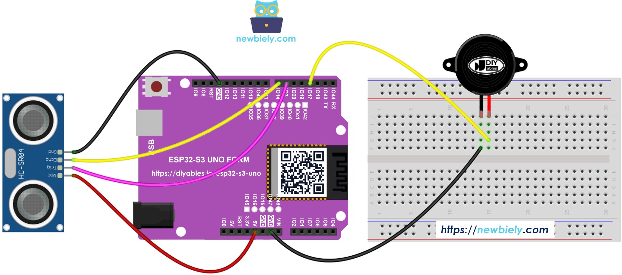 The wiring diagram between ESP32 S3 Uno ultrasonic sensor piezo buzzer