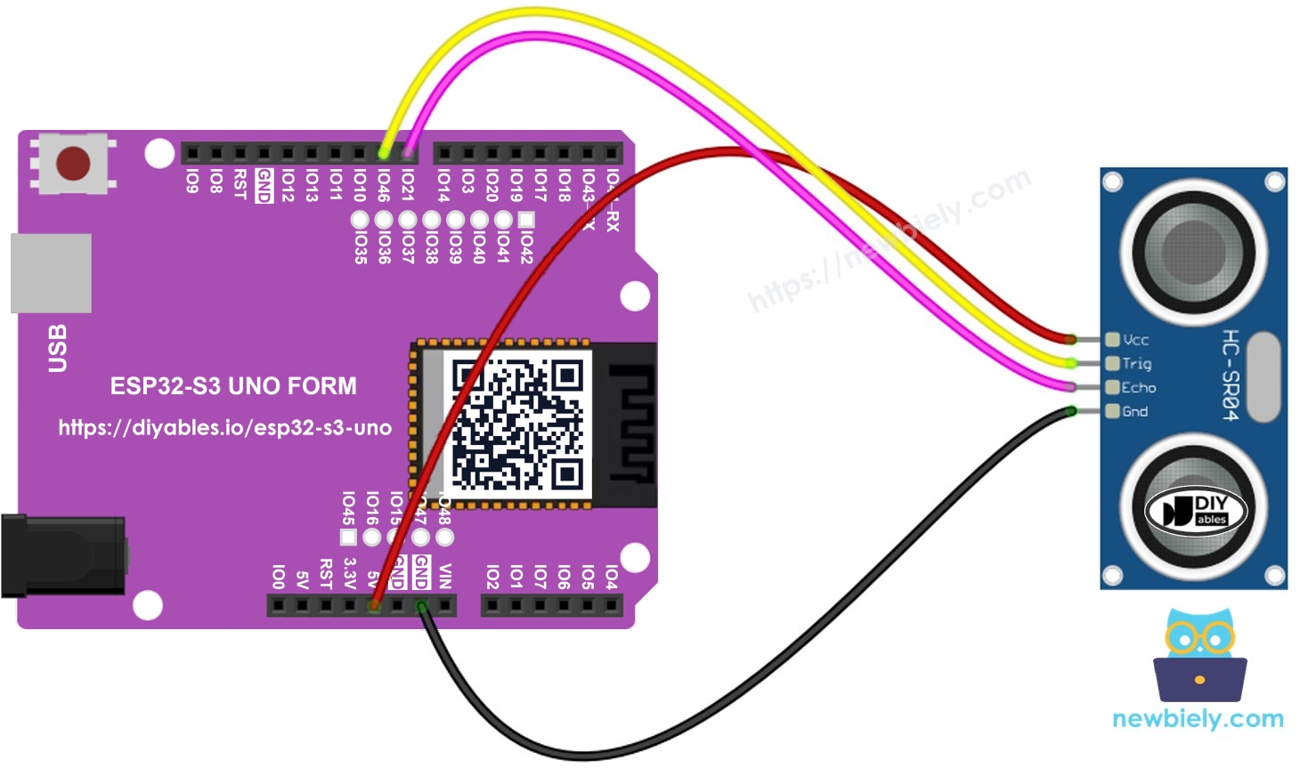 The wiring diagram between ESP32 S3 Uno Ultrasonic Sensor