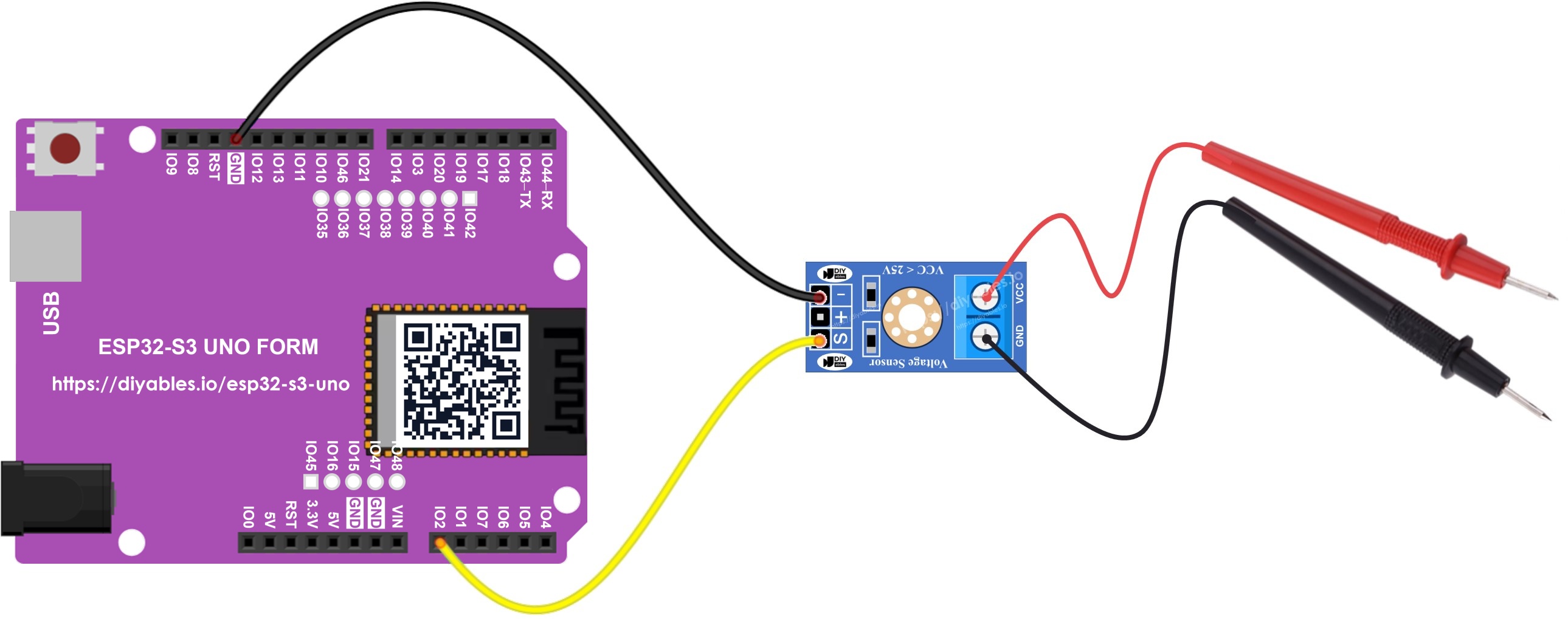 The wiring diagram between ESP32 S3 Uno voltage sensor