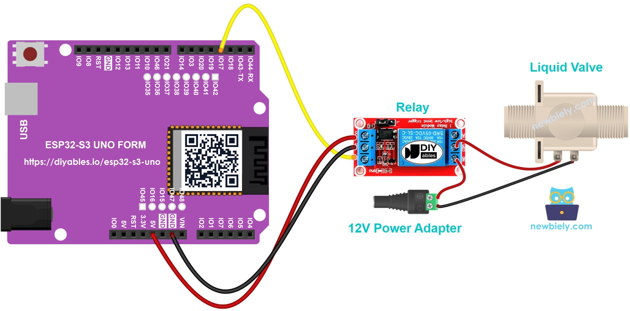 The wiring diagram between ESP32 S3 Uno water valve