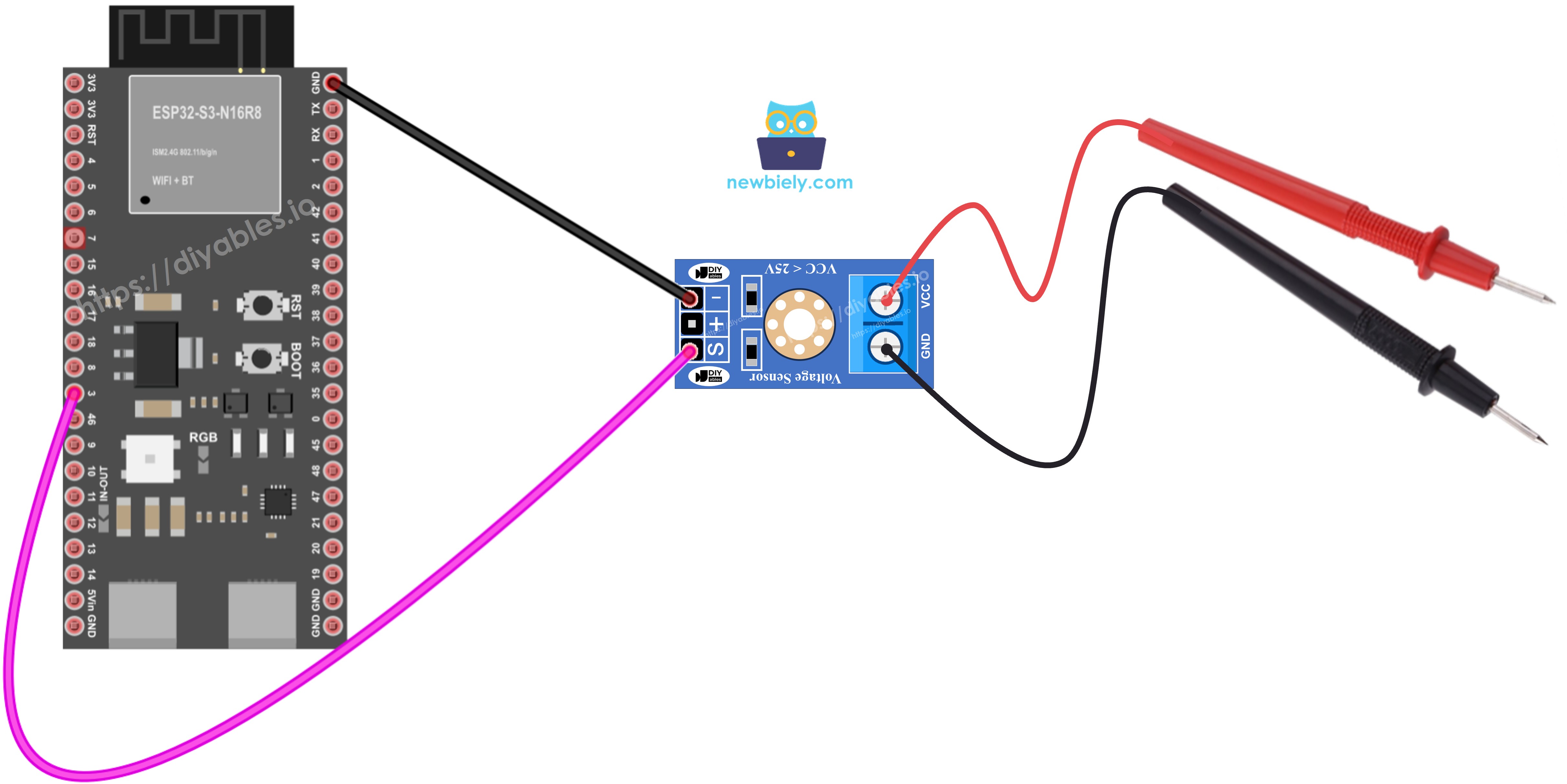 The wiring diagram between ESP32 S3 Voltage Sensor