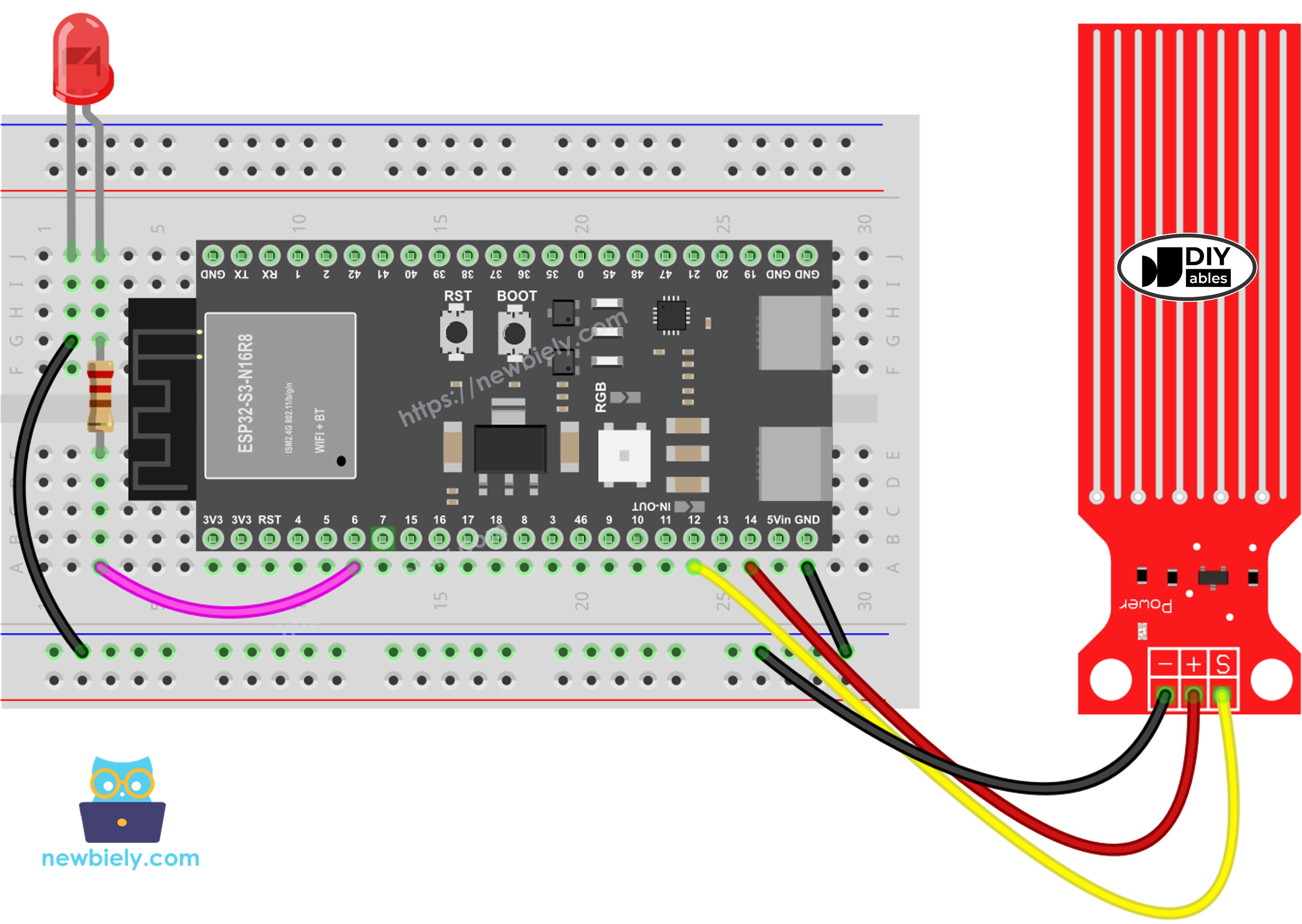 The wiring diagram between ESP32 S3 Water Sensor LED