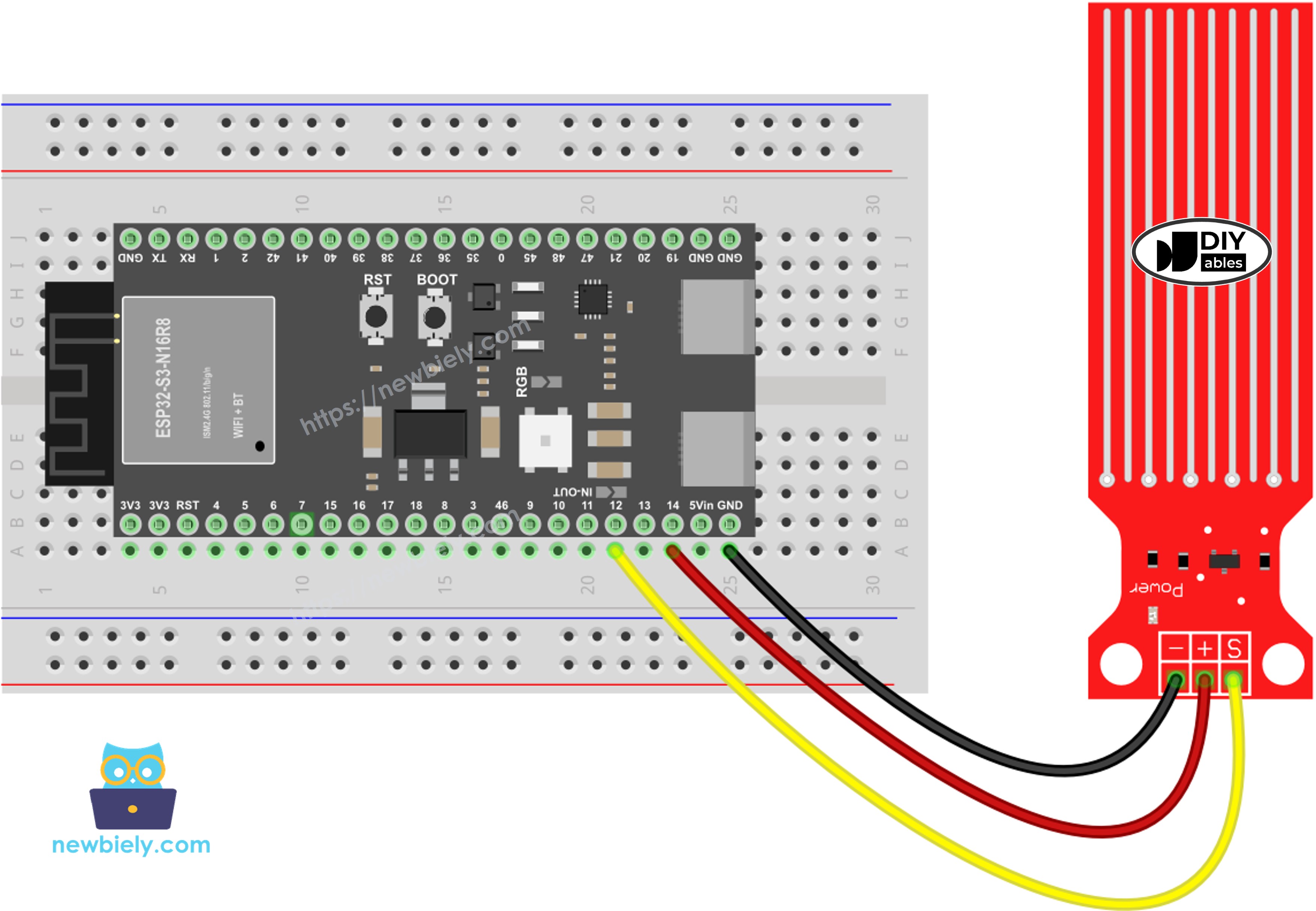 The wiring diagram between ESP32 S3 Water Sensor