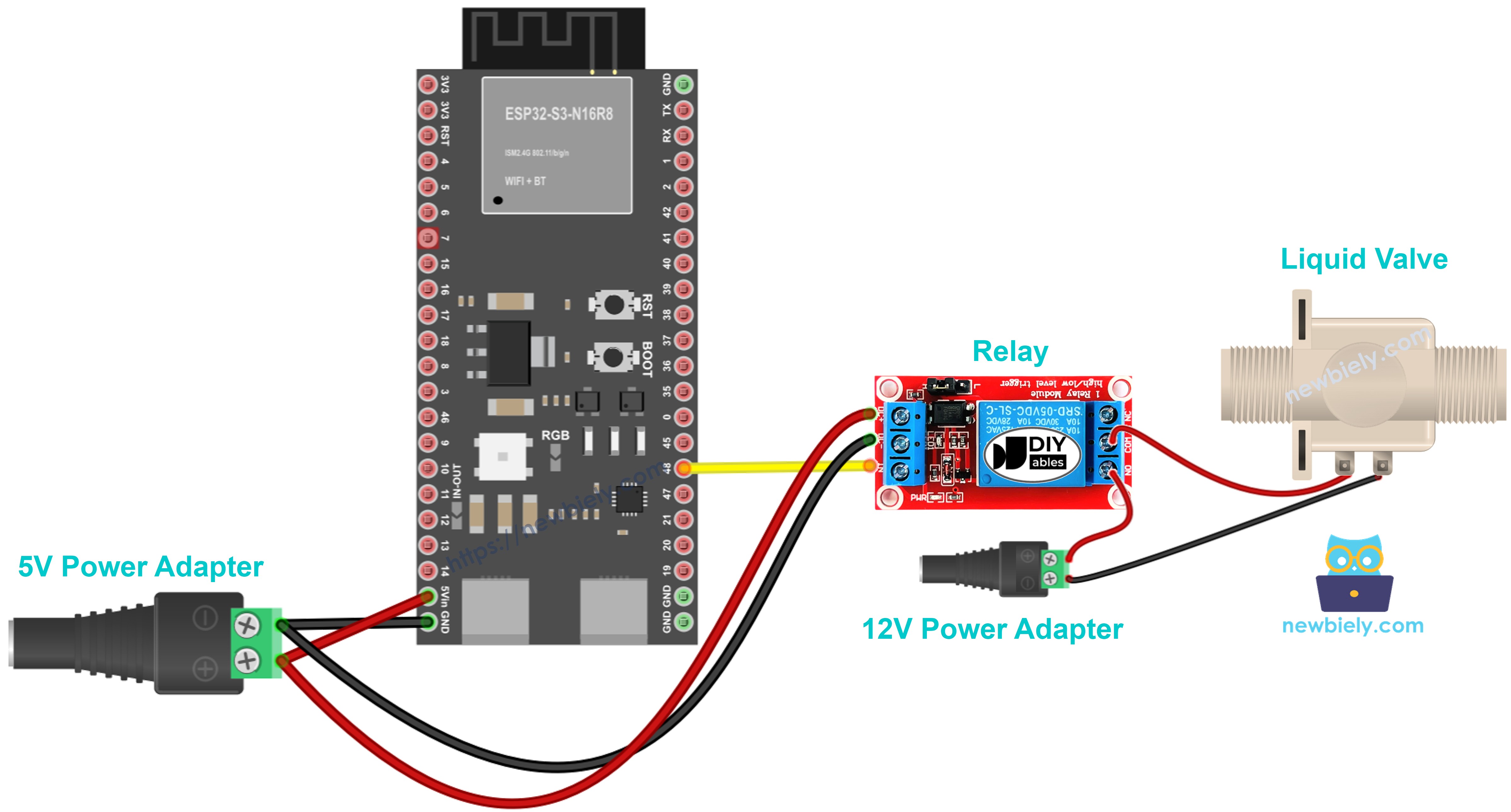 The wiring diagram between ESP32 S3 water valve