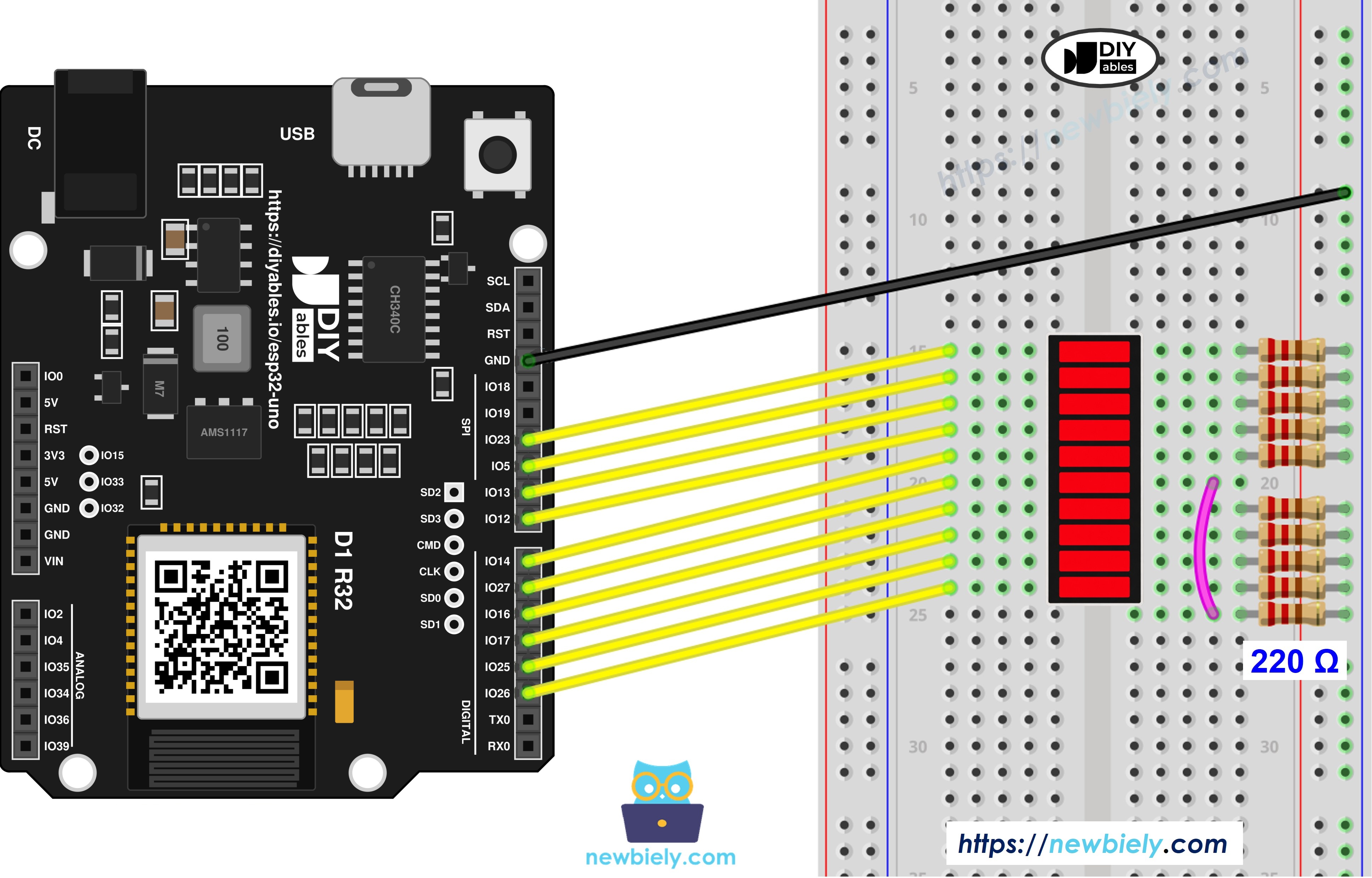 The wiring diagram between ESP32 Uno and 10 Segment LED Bar Graph