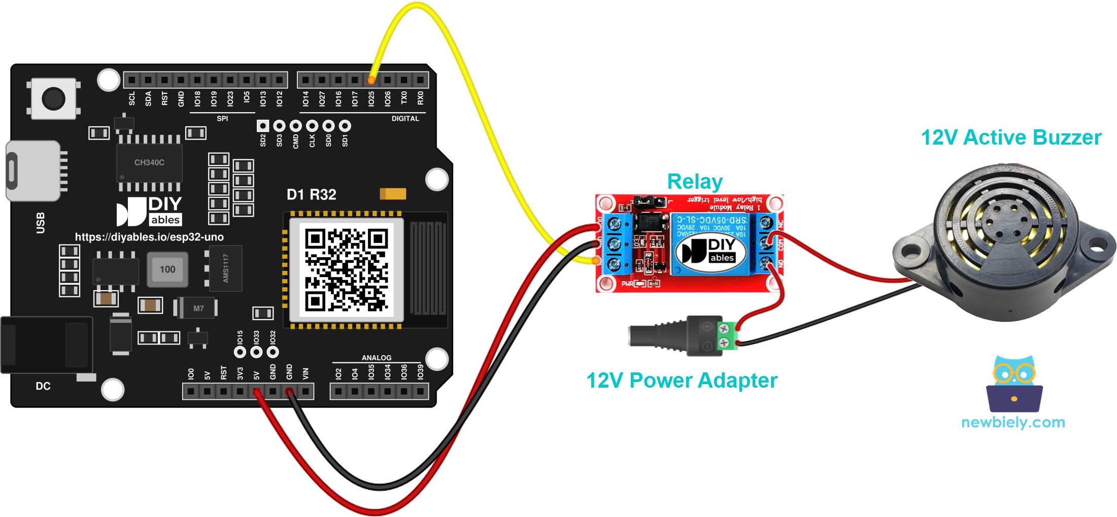 The wiring diagram between ESP32 Uno 12V Active Buzzer