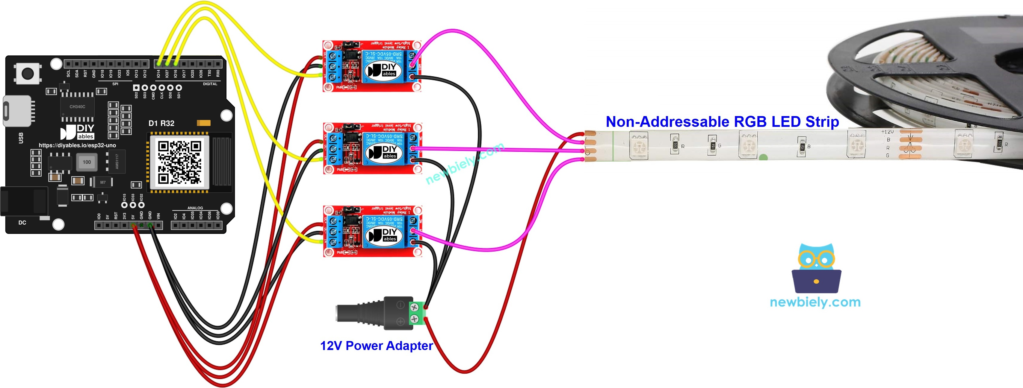 The wiring diagram between ESP32 Uno 12V LED strip