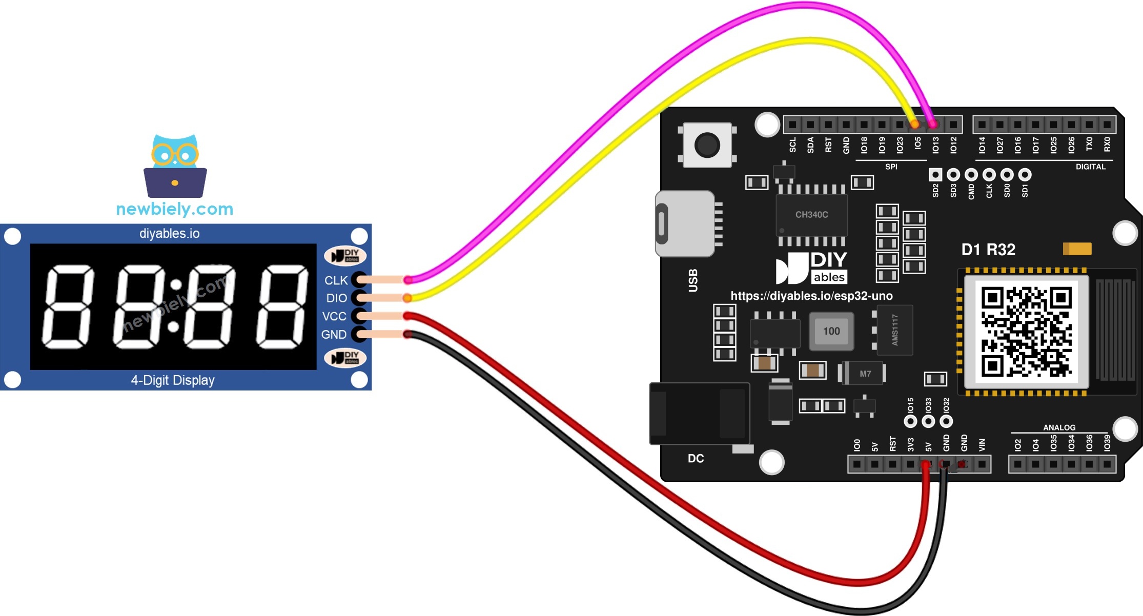 The wiring diagram between ESP32 Uno TM1637 4-Digit 7-Segment Display