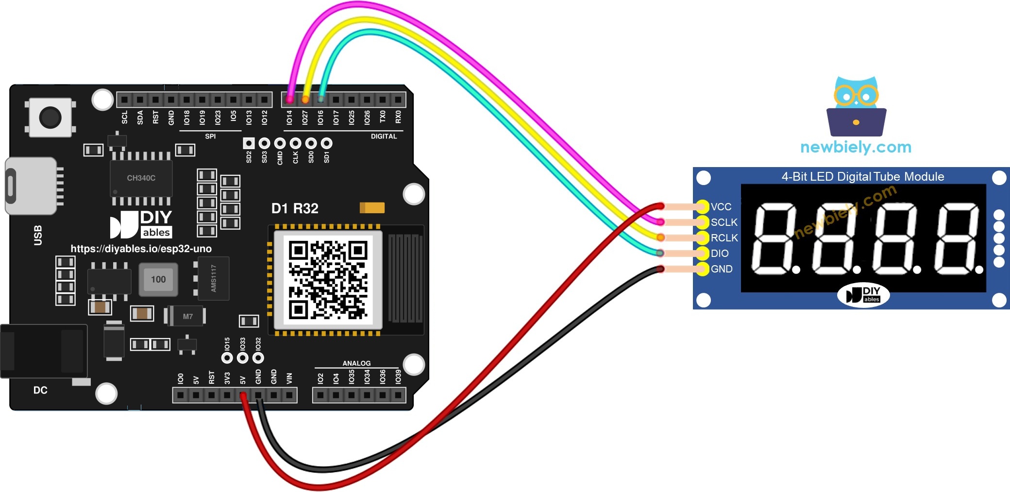 The wiring diagram between ESP32 Uno 74HC595 4-digit 7-segment display