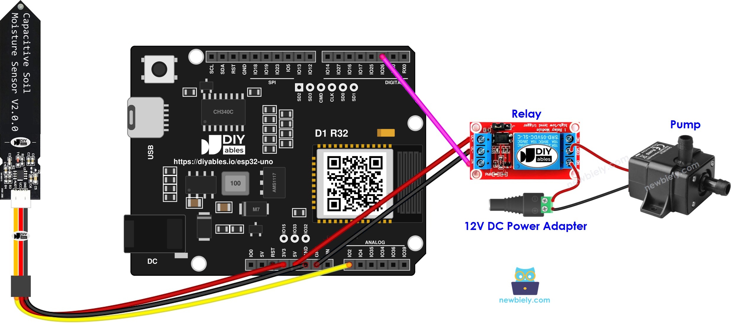 The wiring diagram between ESP32 Uno soil moisture sensor Pump