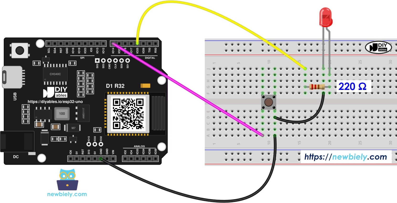 The wiring diagram between ESP32 Uno Button LED
