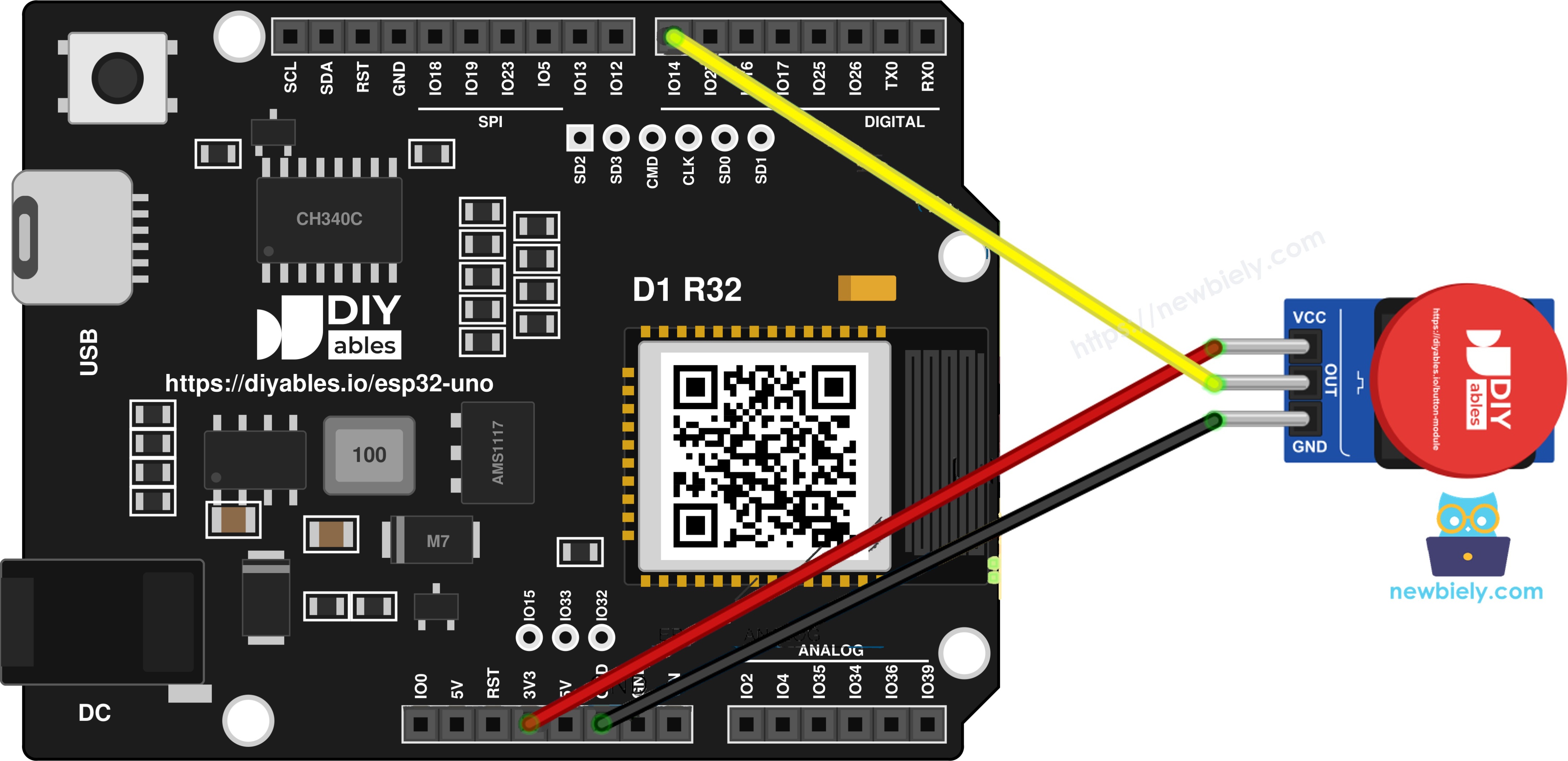 The wiring diagram between ESP32 Uno button module