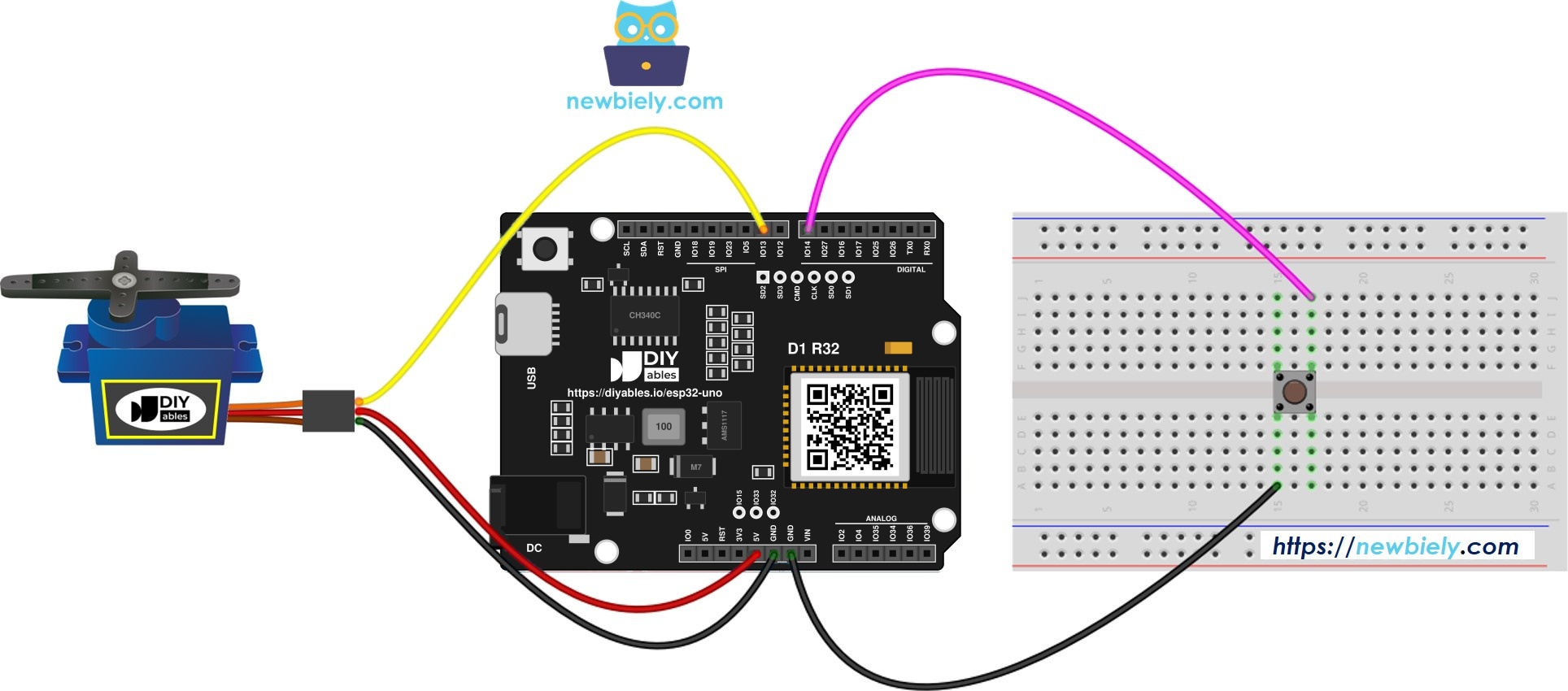 The wiring diagram between ESP32 Uno Button Servo Motor