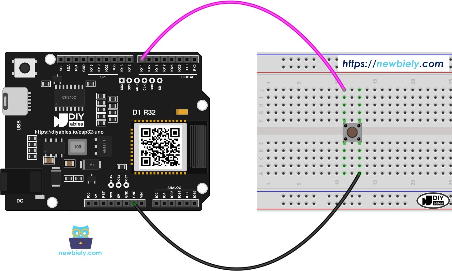 The wiring diagram between ESP32 Uno Button