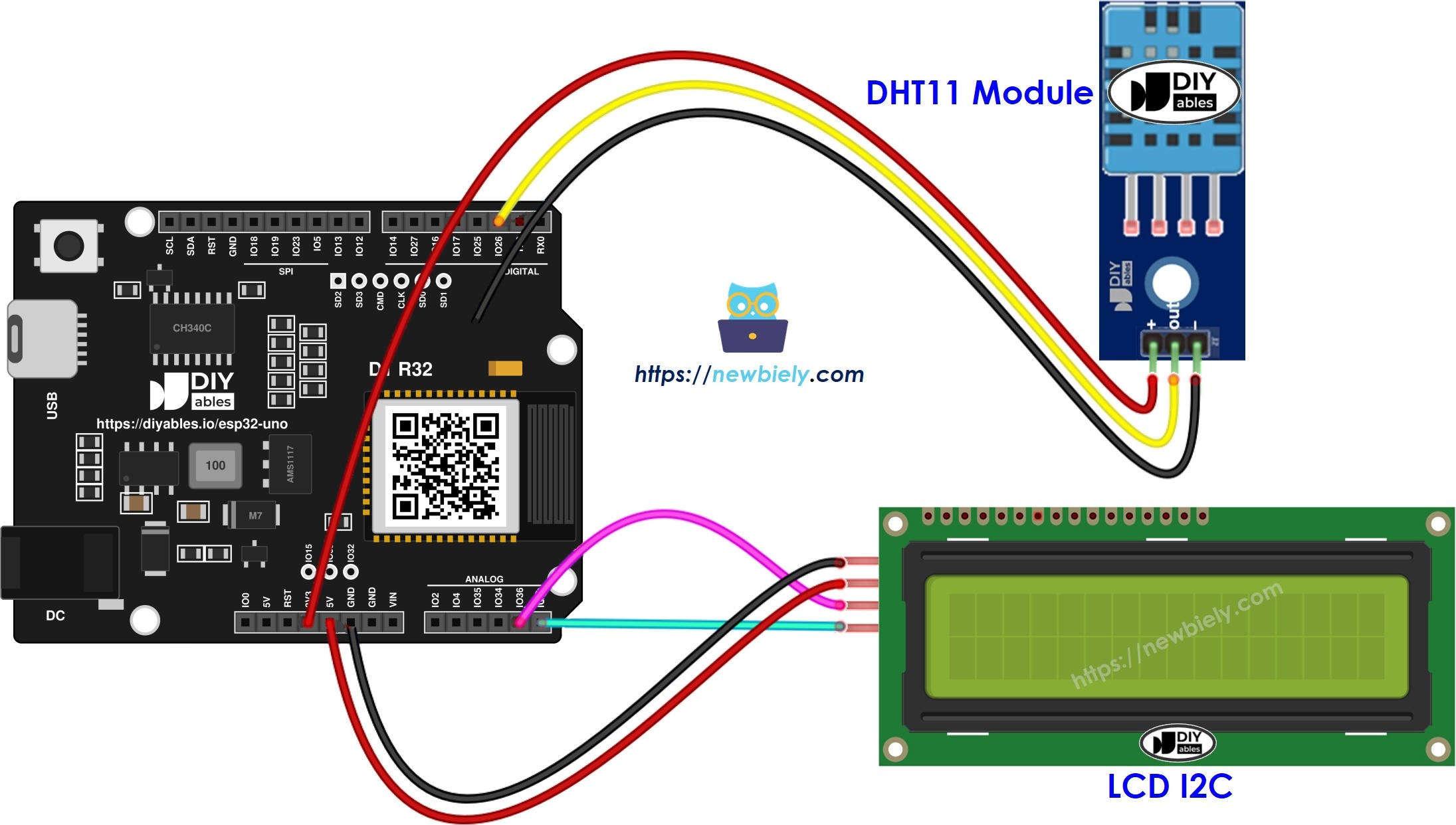 The wiring diagram between ESP32 Uno DHT11 LCD