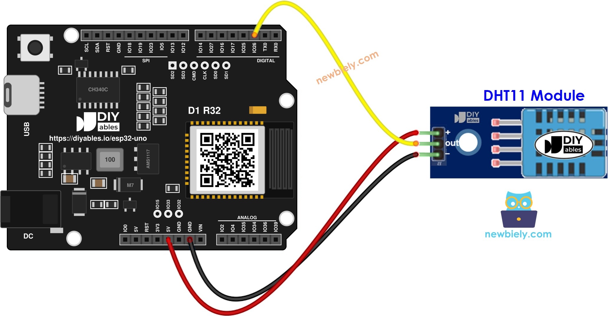 The wiring diagram between ESP32 Uno DHT11 Temperature and humidity Module