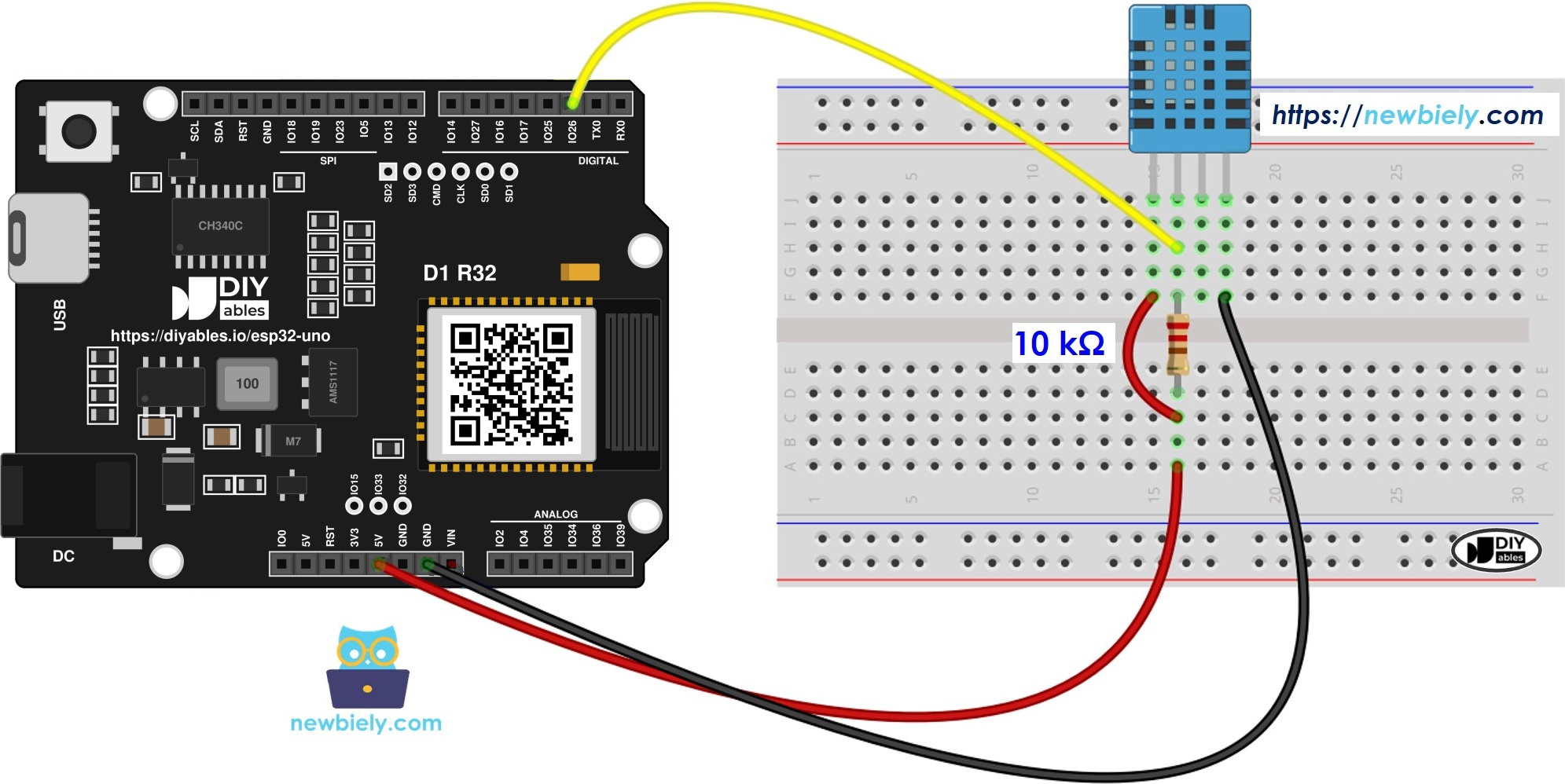 The wiring diagram between ESP32 Uno DHT11 Temperature and humidity Sensor
