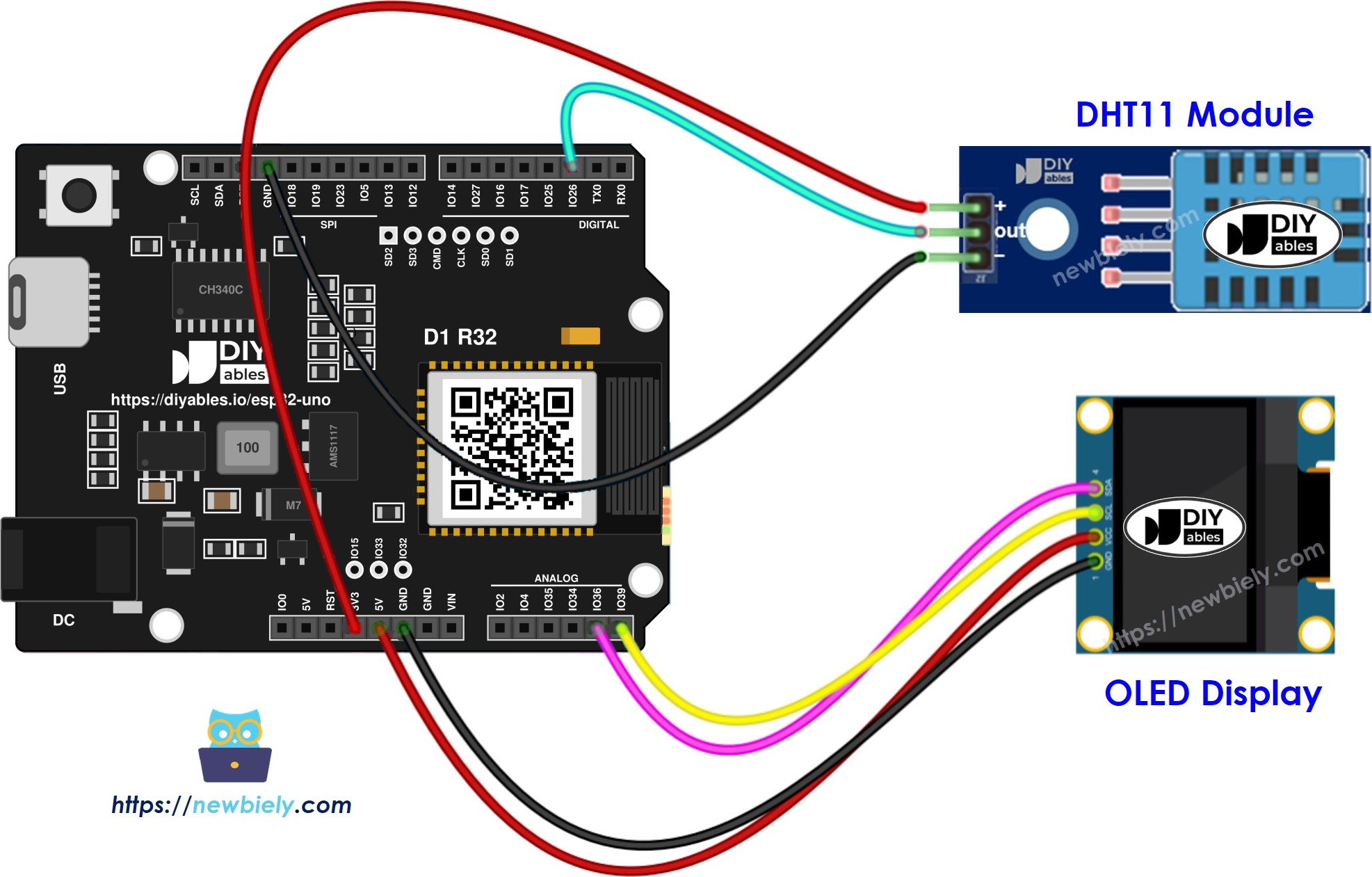 The wiring diagram between ESP32 Uno DHT11 OLED
