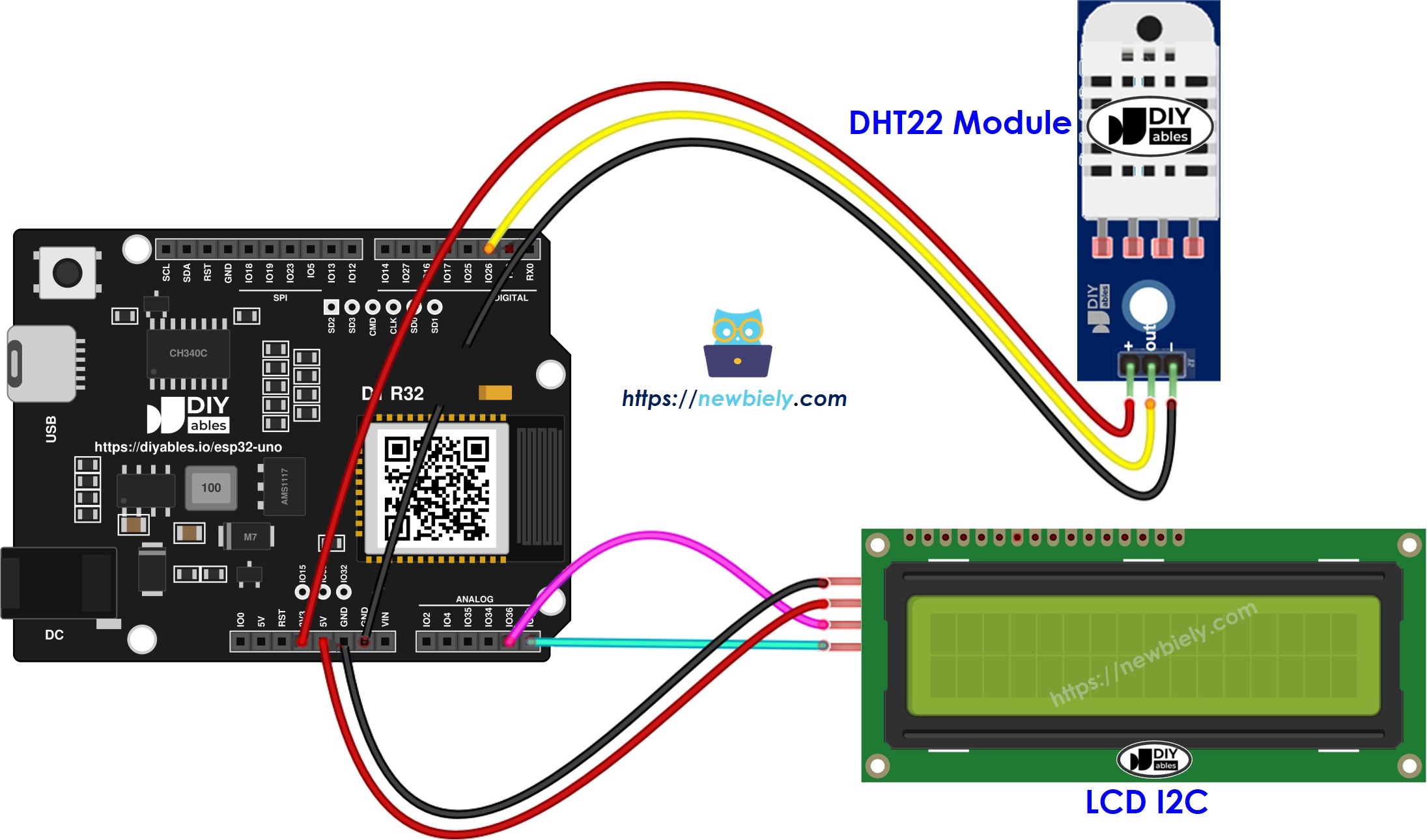 The wiring diagram between ESP32 Uno DHT22 LCD
