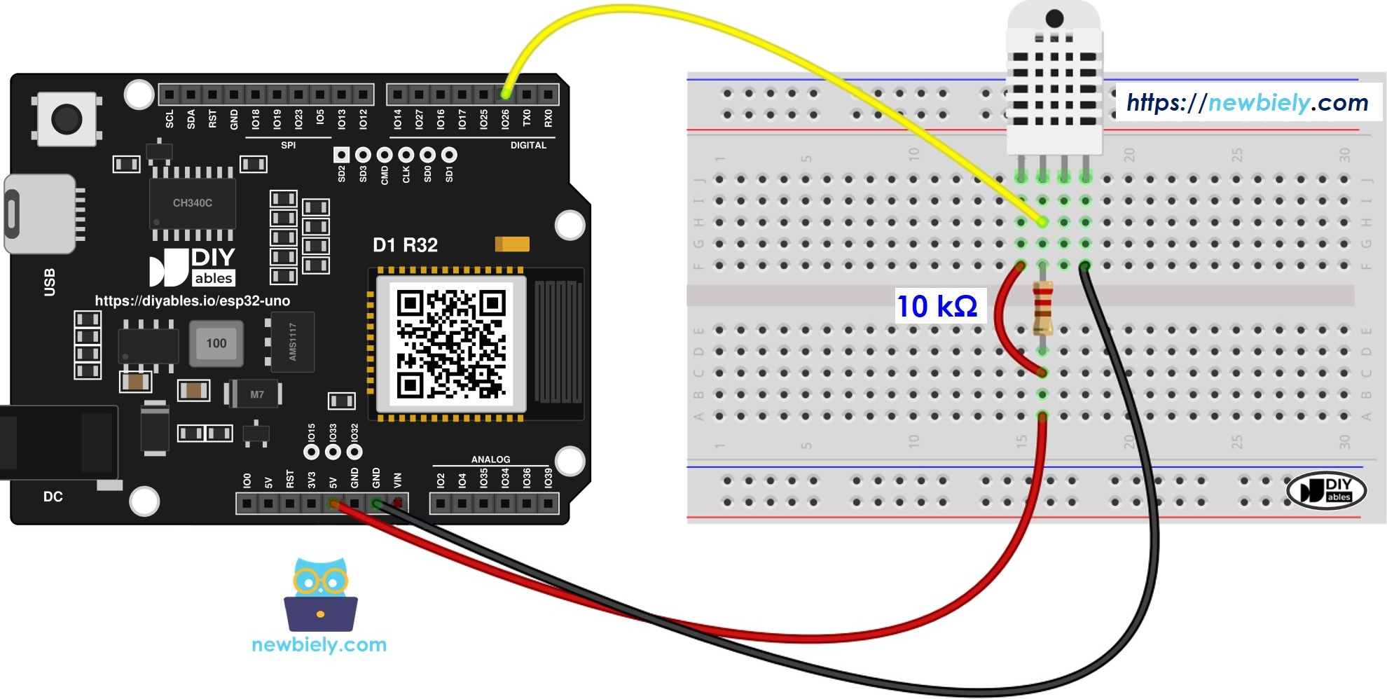 The wiring diagram between ESP32 Uno DHT22 Temperature and humidity Sensor