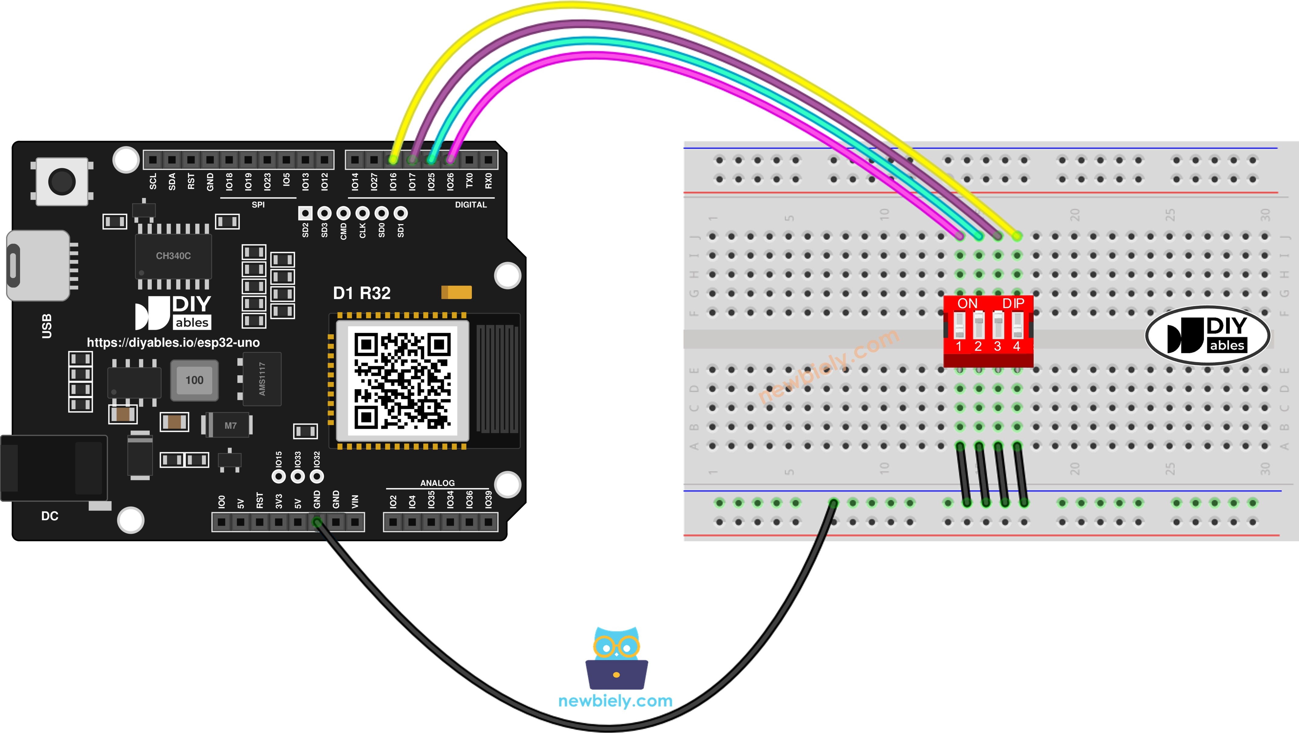 The wiring diagram between ESP32 Uno DIP switch