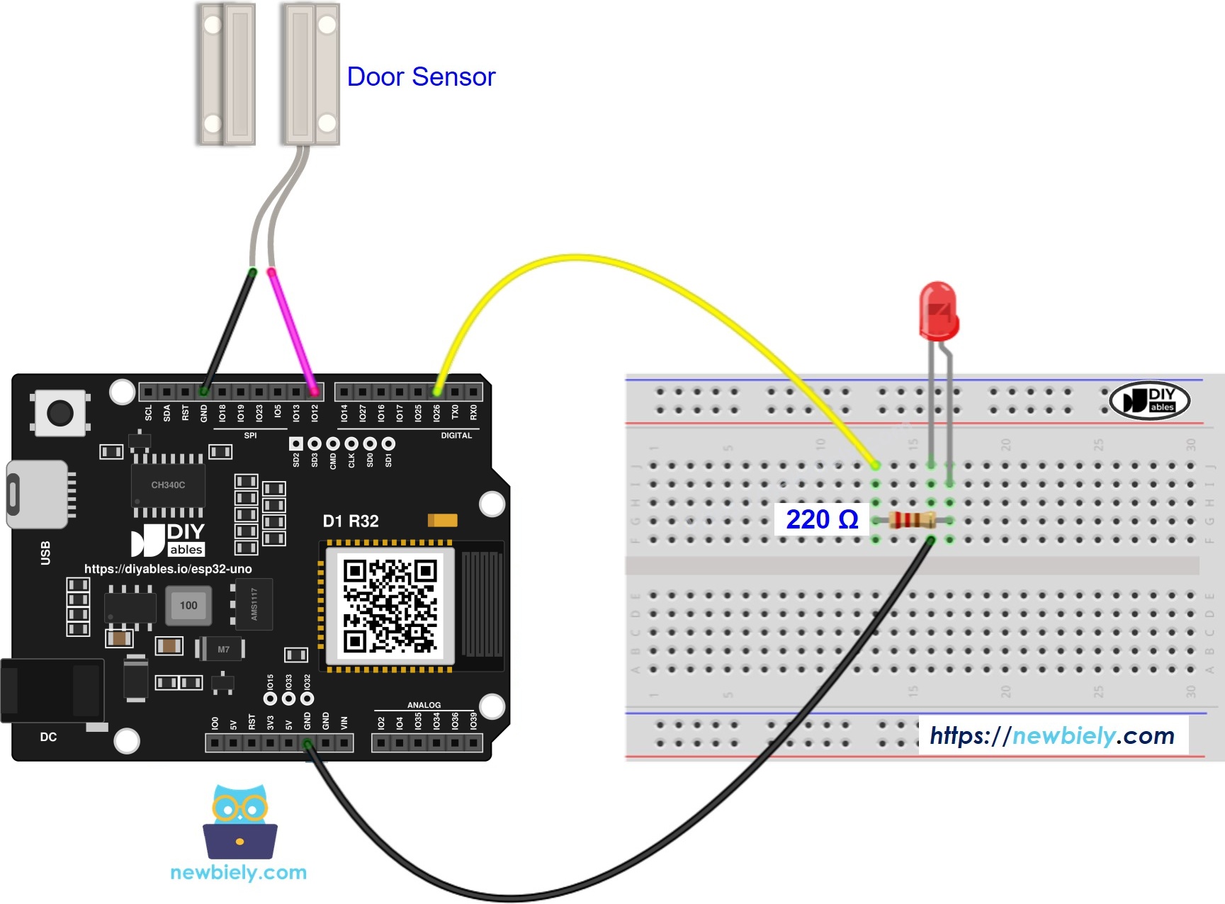 The wiring diagram between ESP32 Uno door sensor LED