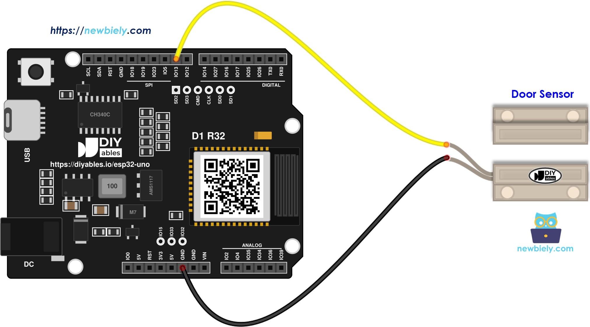 The wiring diagram between ESP32 Uno Door Sensor