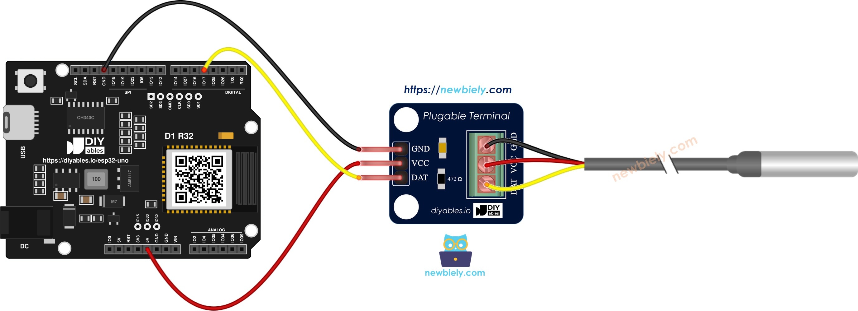 The wiring diagram between ESP32 Uno DS18B20