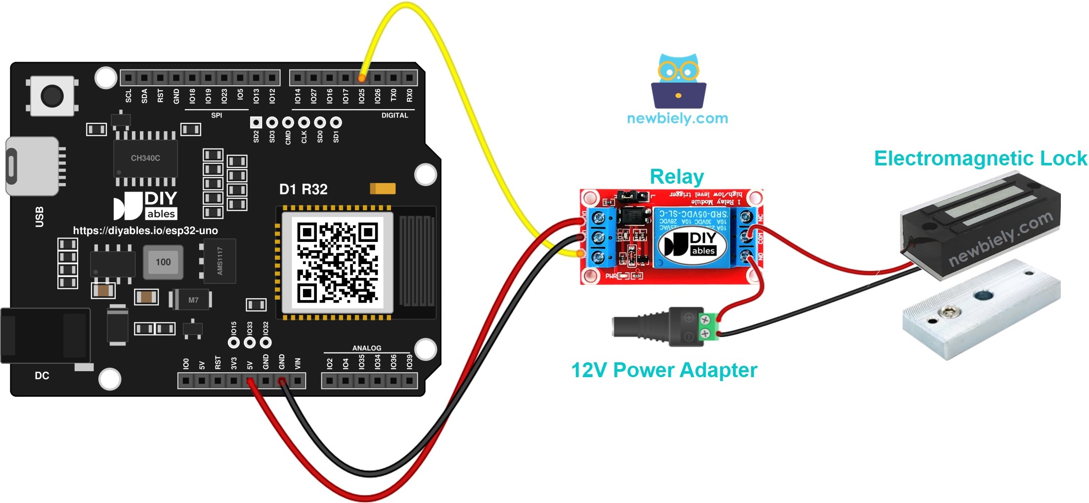 The wiring diagram between ESP32 Uno Electromagnetic Lock