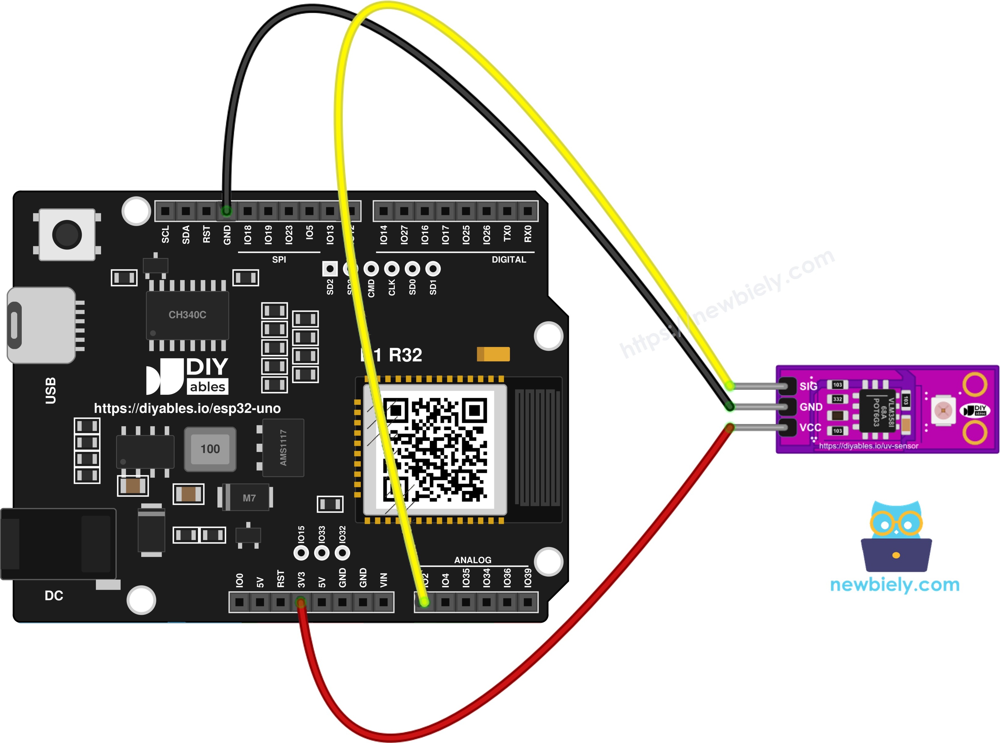 The wiring diagram between ESP32 Uno GUVA-S12SD UV sensor