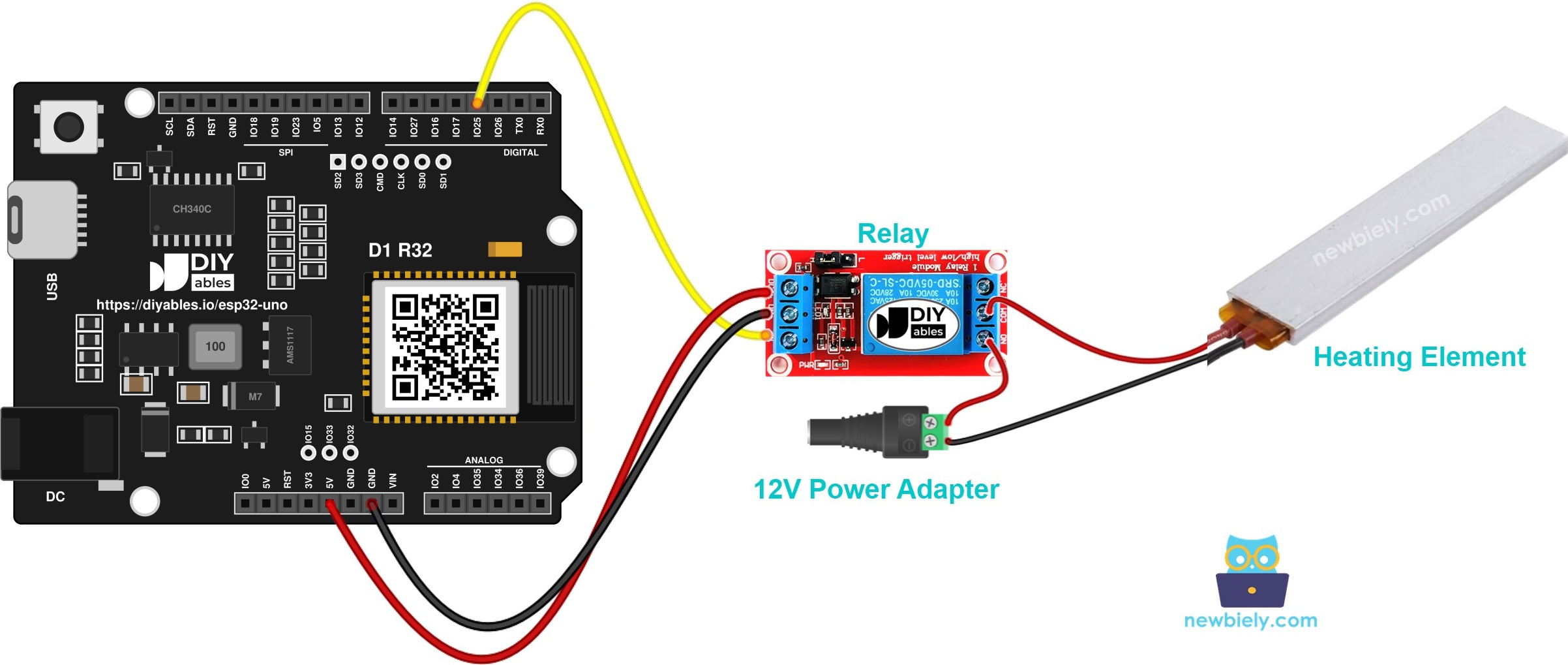 The wiring diagram between ESP32 Uno Heating Element