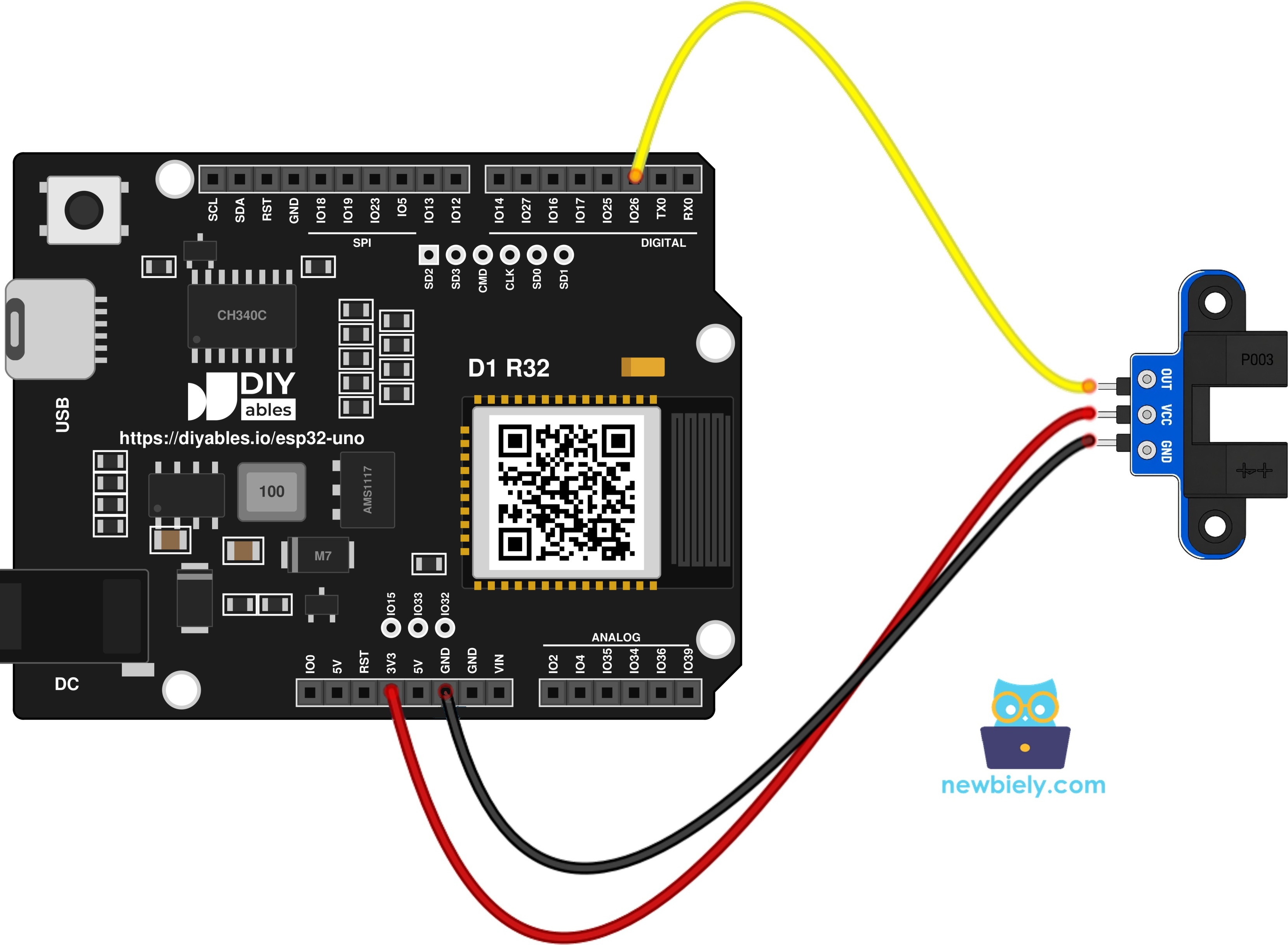 The wiring diagram between ESP32 Uno IR slotted optical speed sensor
