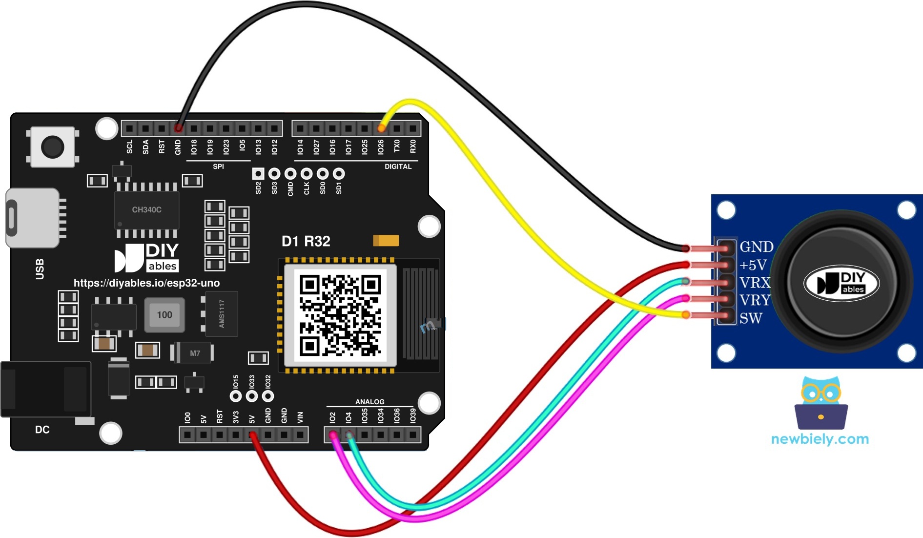 The wiring diagram between ESP32 Uno Joystick