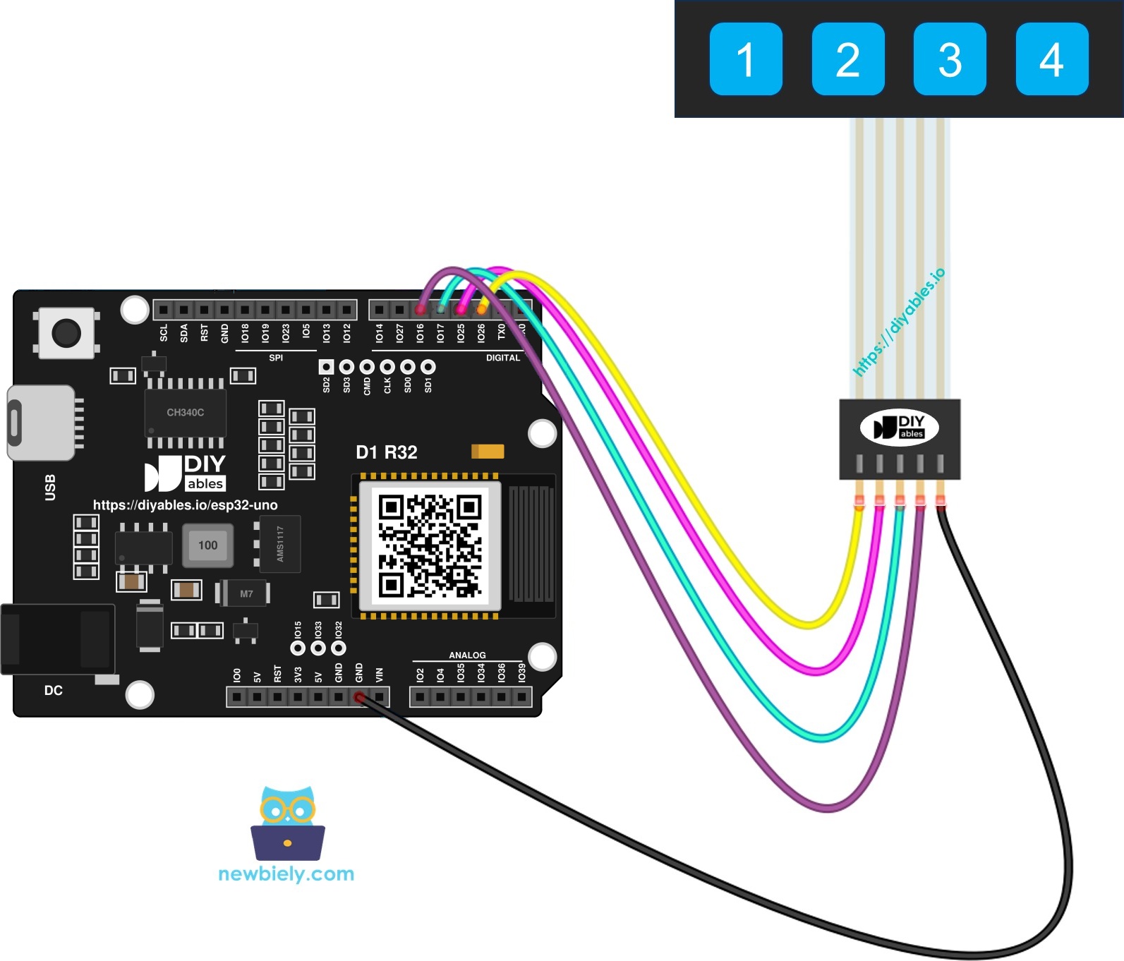 The wiring diagram between ESP32 Uno Keypad 1x4