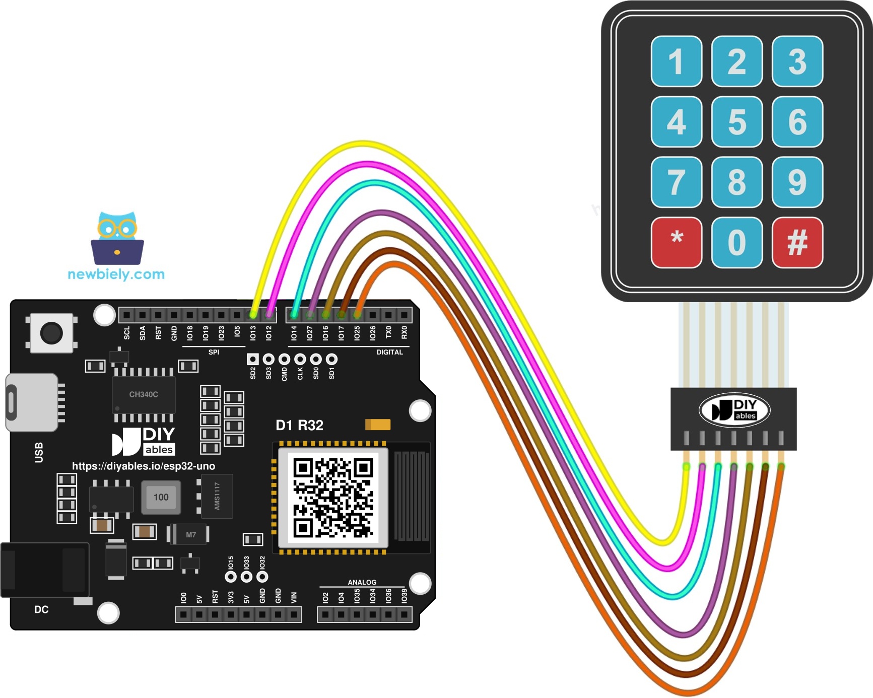 The wiring diagram between ESP32 Uno Keypad 3x4