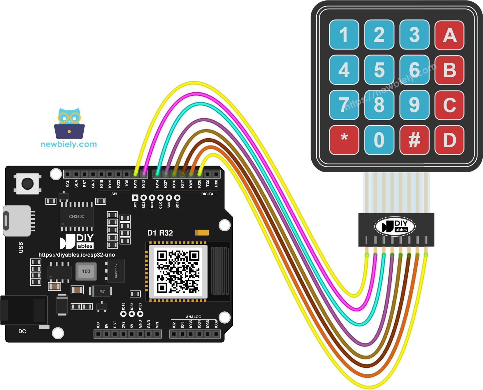The wiring diagram between ESP32 Uno Keypad 4x4