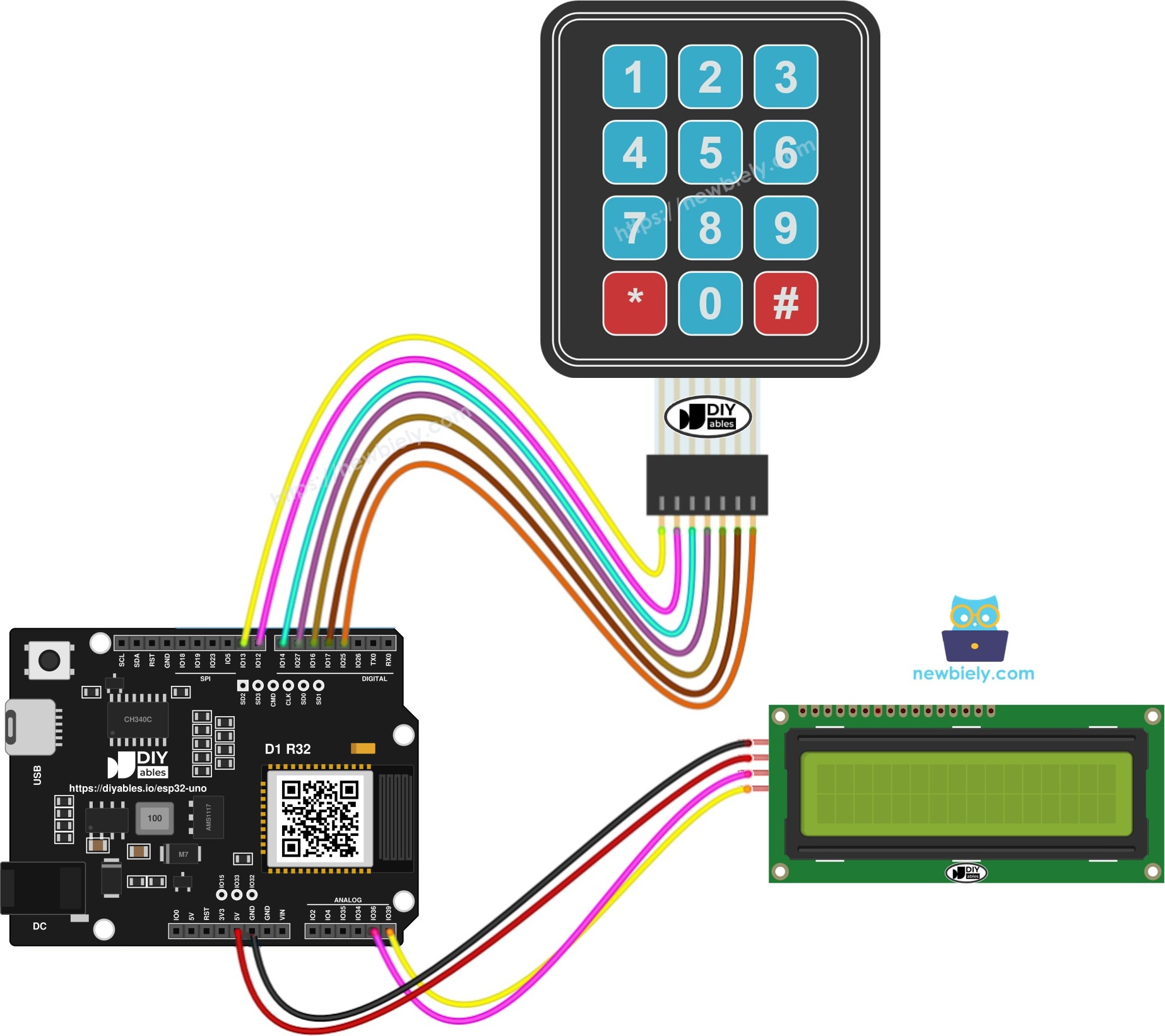 The wiring diagram between ESP32 Uno Keypad LCD
