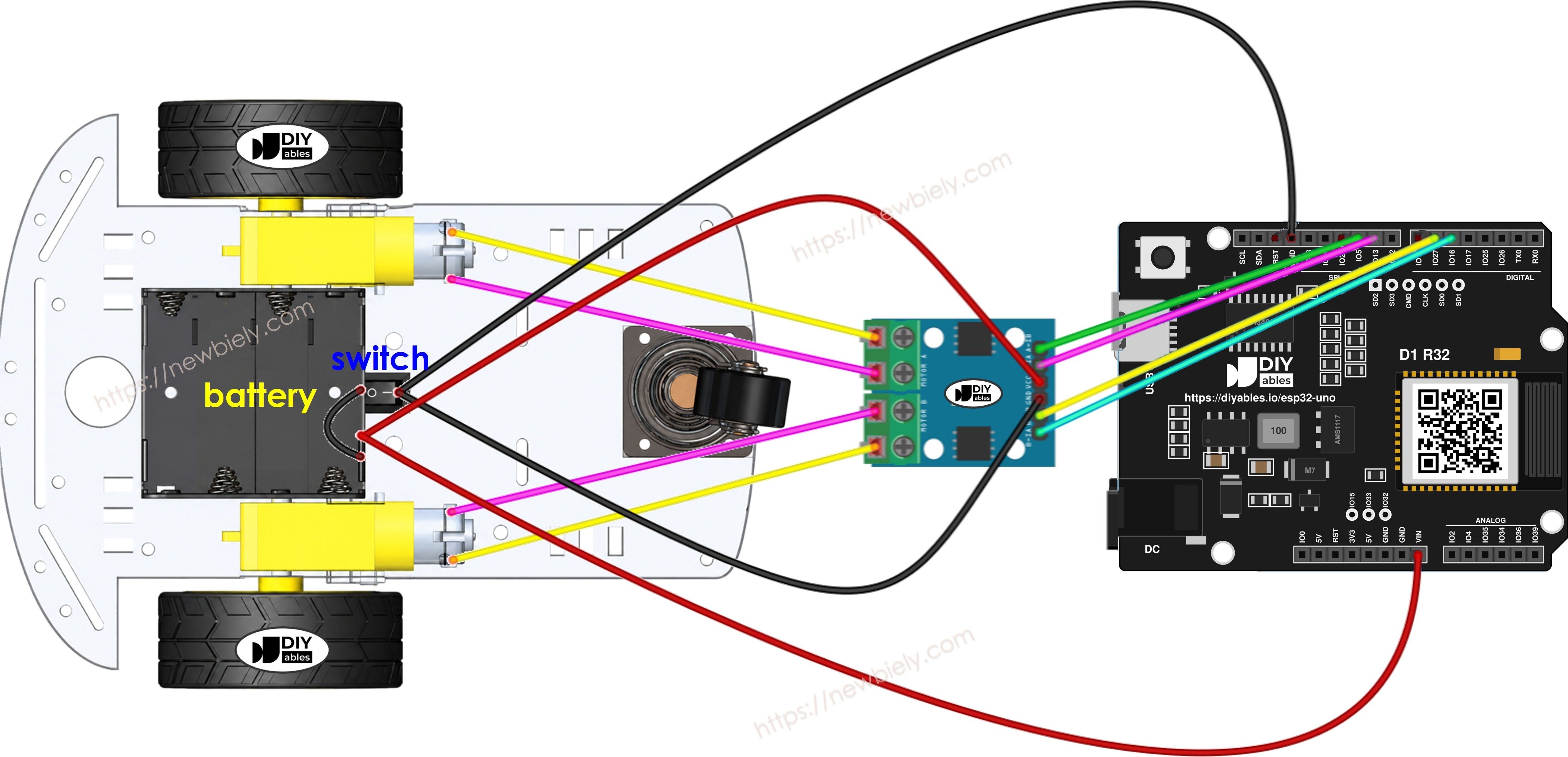 The wiring diagram between ESP32 Uno 2WD RC car