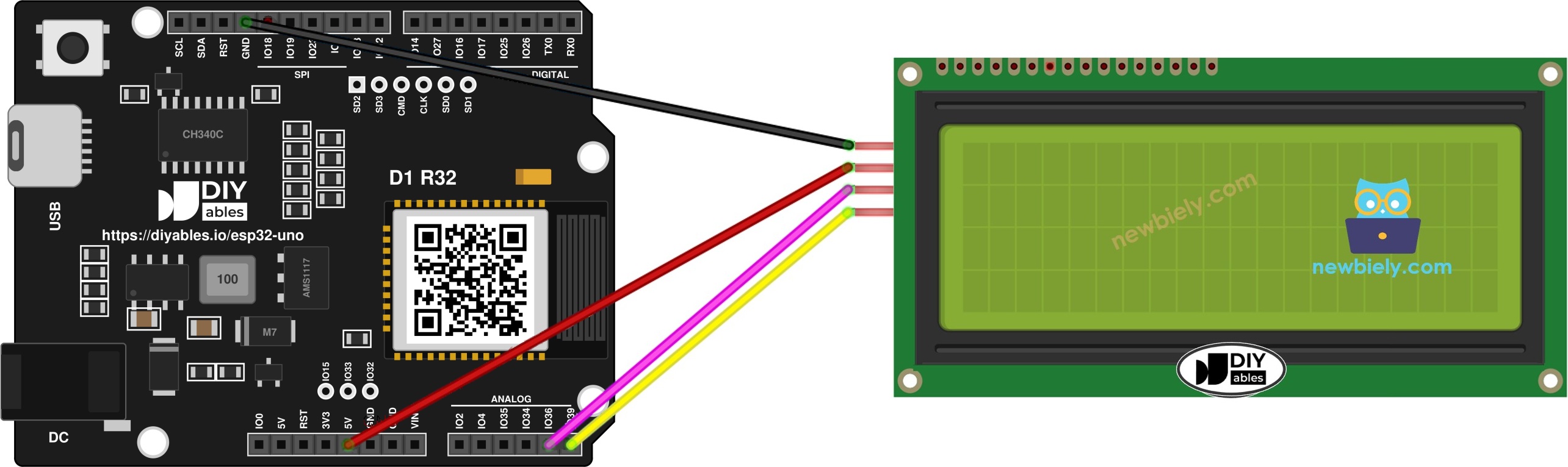 The wiring diagram between ESP32 Uno LCD 20x4 I2C