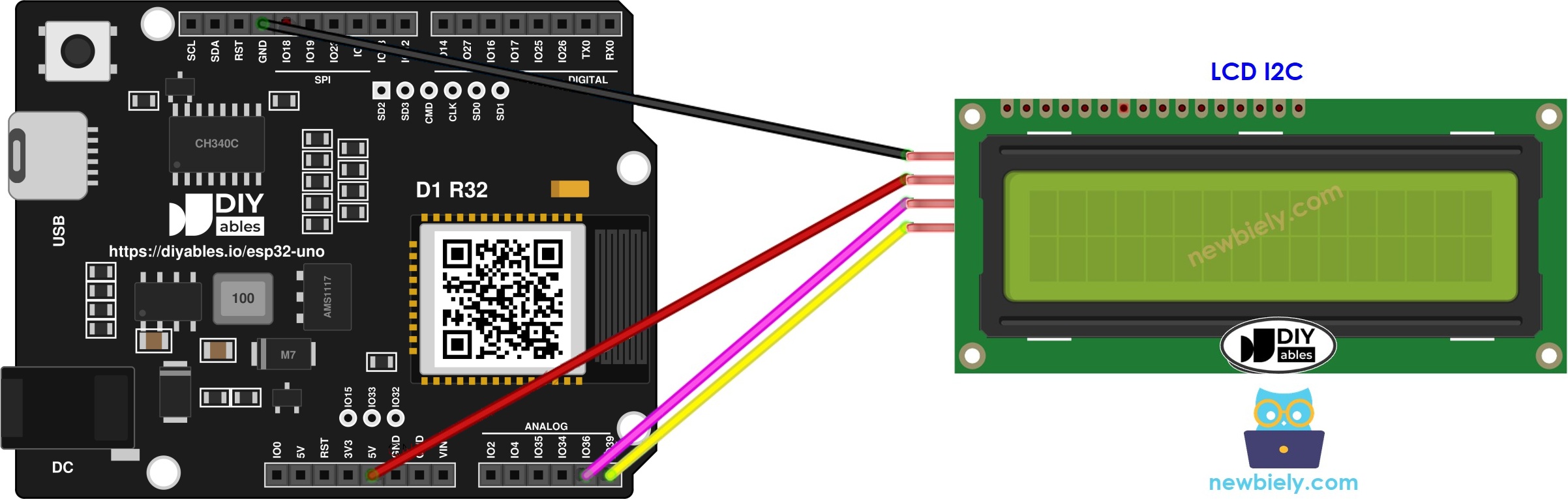 The wiring diagram between ESP32 Uno LCD I2C